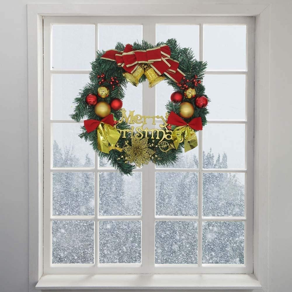 Large Christmas Wreath (19.69 Inch / 50 Cm) for Front Door Wall Windows Artificial Poinsettia Xmas Decoration with Tinkle Bell Bowknot and Small Ornaments (MC7-D1)