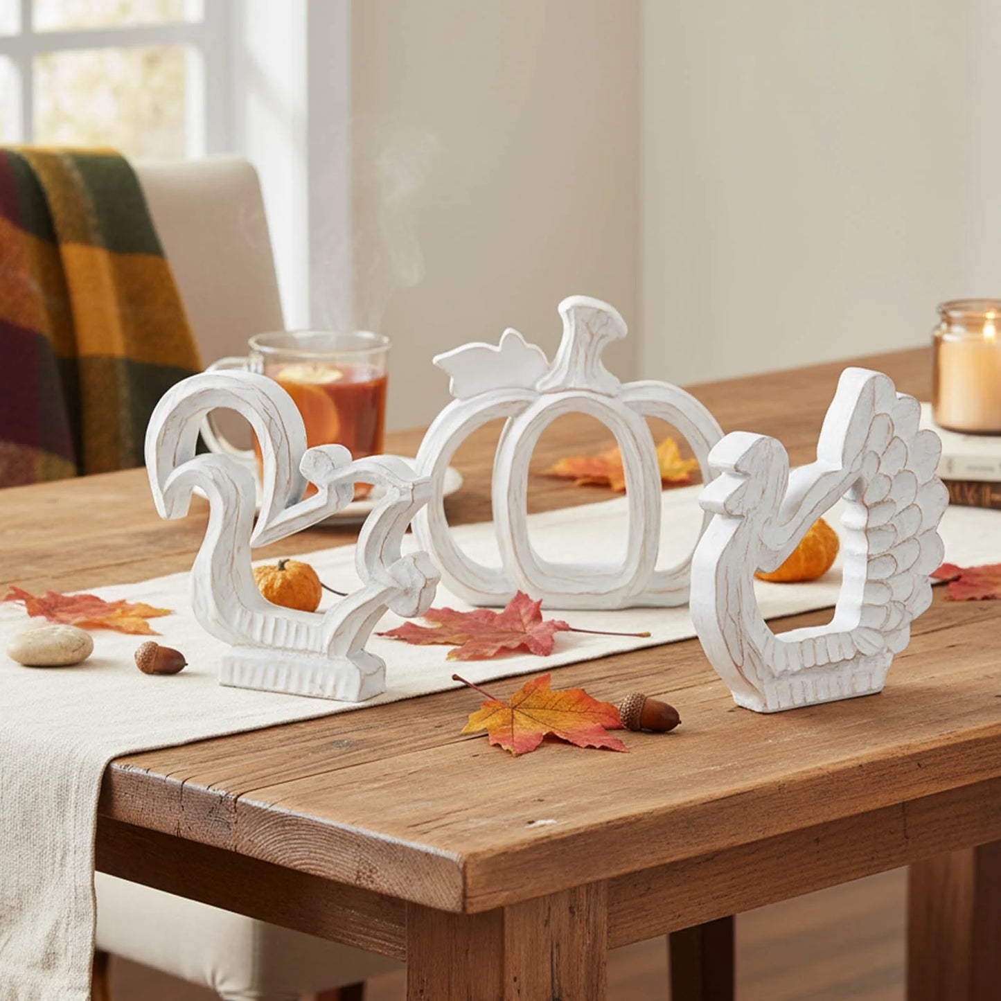 Fall Decorations for Home, Thanksgiving Decorations Pumpkin Decor Turkey Decor Resin, 3Pcs White