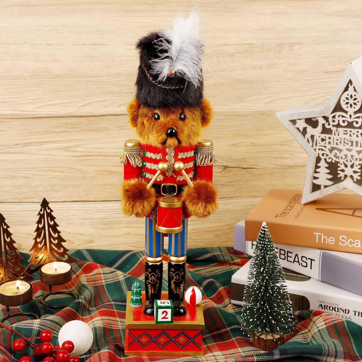 14 Inch Christmas Nutcracker Figures, Wooden Nutcracker Bear Drummer Ornaments, Large Xmas Nutcracker Tabletop Centerpieces Festival Shelves Decorations