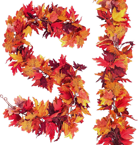 2Pcs Artificial Autumn Fall Maple Leaves Garlands 5.9 Feet Hanging Vines Fall Foliage Garland for Indoor Outdoor Wedding Thanksgiving Dinner Party Decor