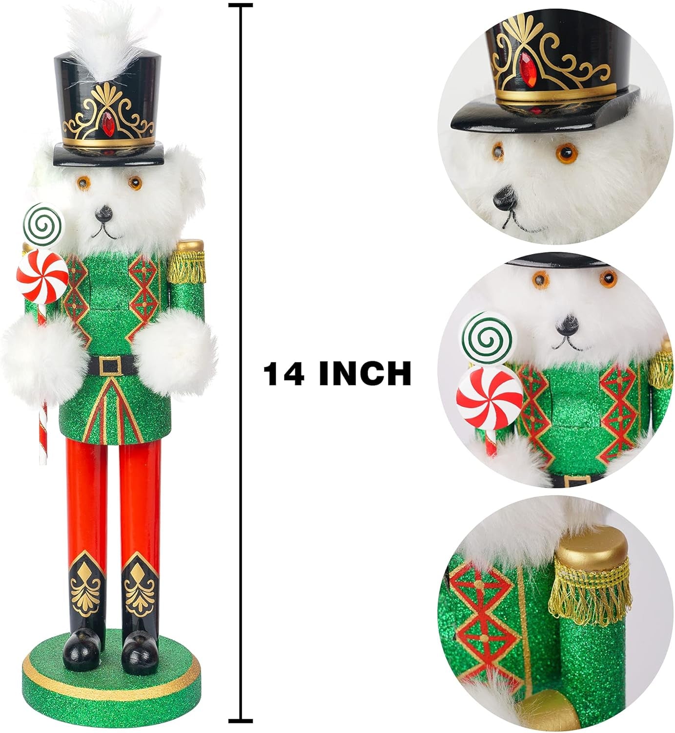 14" Christmas Decorative Nutcracker Figures, Wooden White Bear Wear Green Uniform Hold Candy, Festive Collectible Nutcracker Gift for Indoor Winter Table Desktop Fireplace Decorations