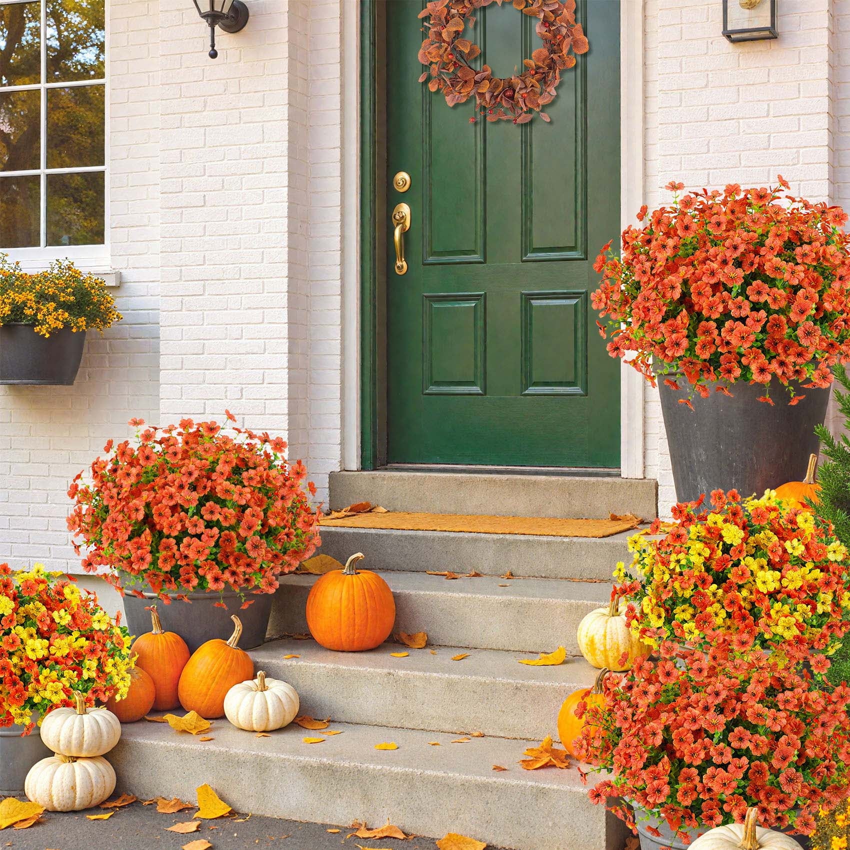 12 Bundles Fake Fall Flowers, Autumn Artificial Faux Flowers Outdoors Fall Decorations for Home Front Door Porch Patio, Orange