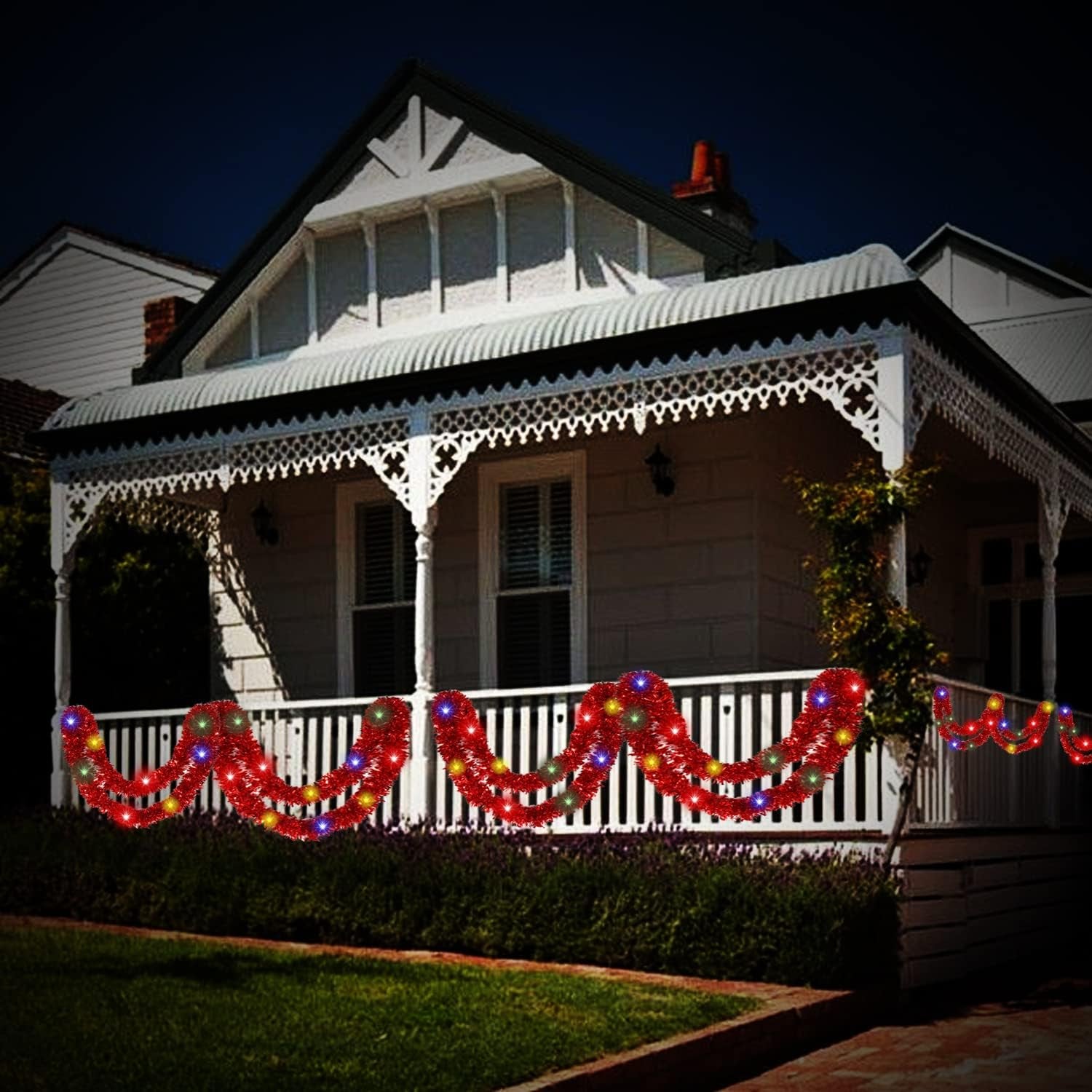 32.8 Ft Christmas Prelit Tinsel Garland, Red Metallic Garland with 100 LED Lights for Christmas Tree Decorations,Wedding Party Supplies