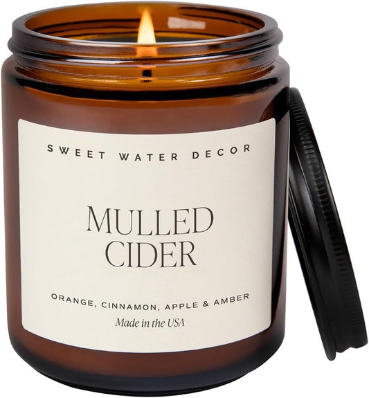 Mulled Cider Candle - Fall Candles with Orange, Cinnamon, Apple, and Amber Scent for Home - Fall Soy Candle with 40 Hours Burn Time - 9Oz Black Lid Amber Jar Mulled Cider Scents