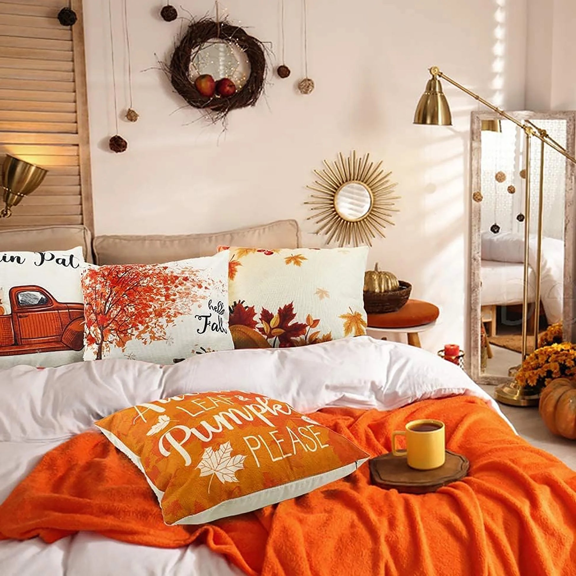 Thanksgiving Decor Fall Pillows Set of 4, 18 X 18 Inch Farmhouse Decorative Pillow Covers for Autumn, Throw Cushion Case for Couch Home Decor