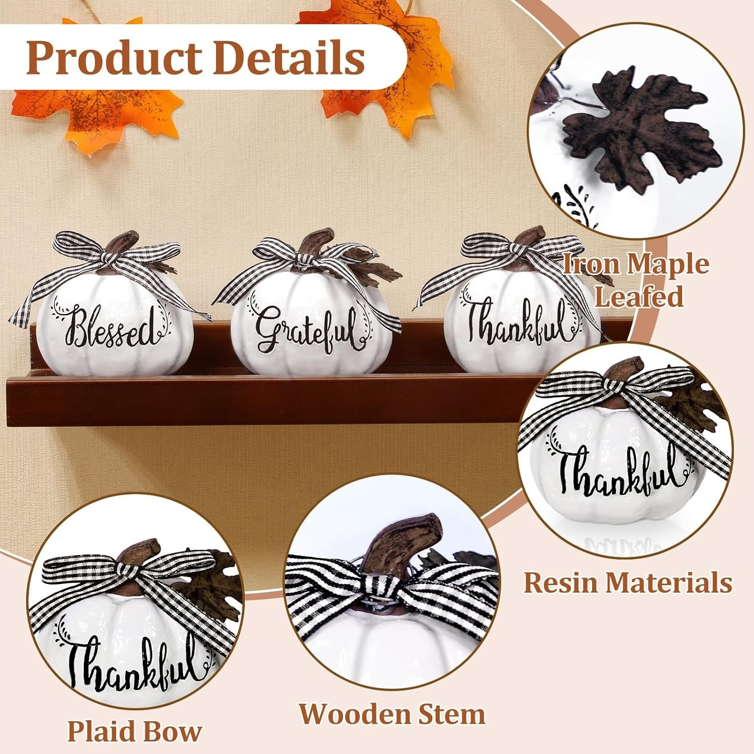 TURNMEON Fall Pumpkin Decor, Fall Thanksgiving Decorations for Home, Set of 3 Th