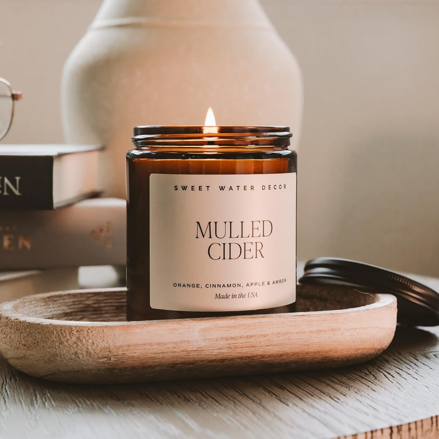 Mulled Cider Candle - Fall Candles with Orange, Cinnamon, Apple, and Amber Scent for Home - Fall Soy Candle with 40 Hours Burn Time - 9Oz Black Lid Amber Jar Mulled Cider Scents