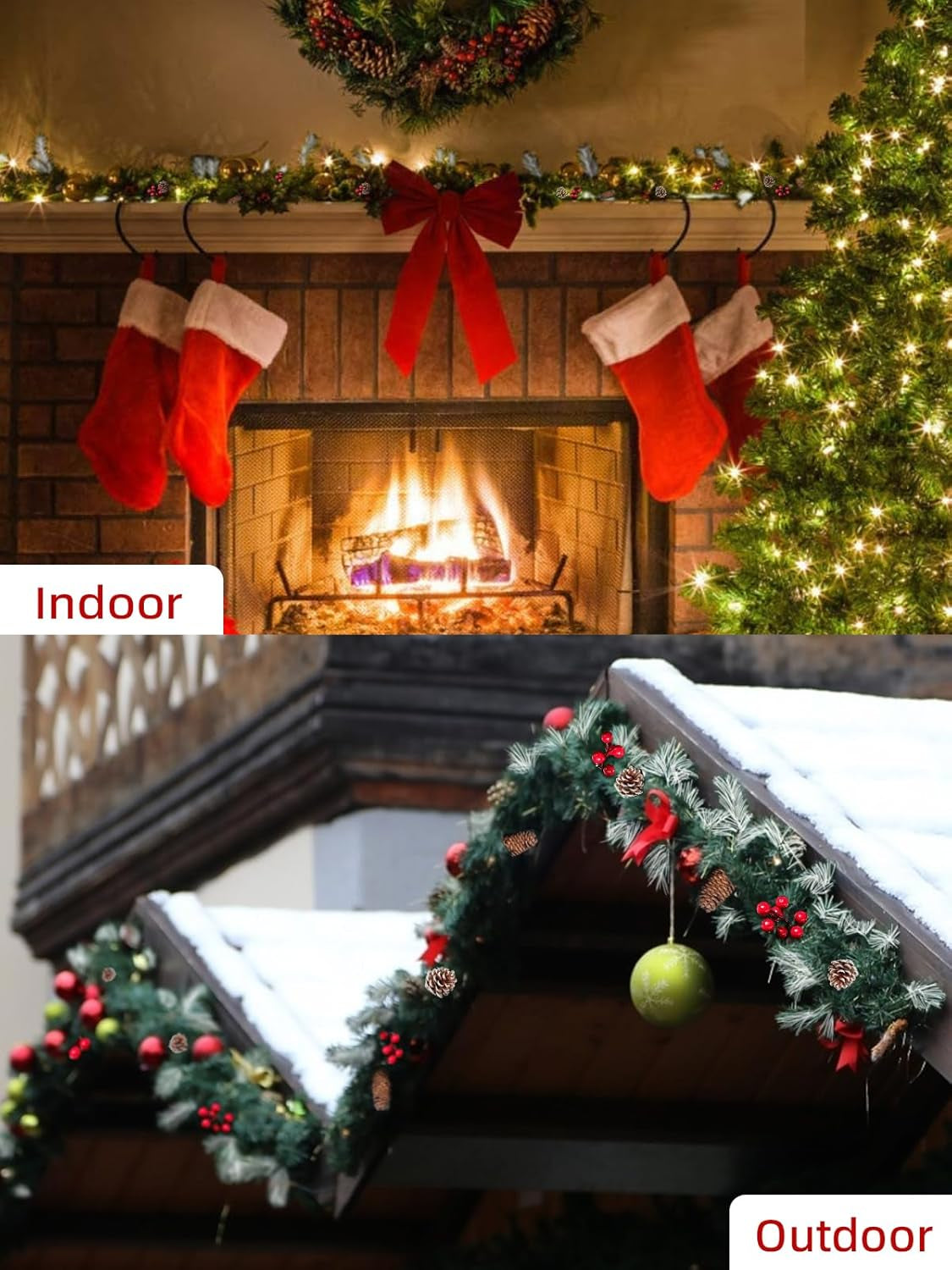 9FT Flocked Christmas Garland, Artificial Snowy Xmas Garland, Indoor Outdoor Winter Garland with Pine Cones and Red Berries for Christmas Decorations Table Mantle Room