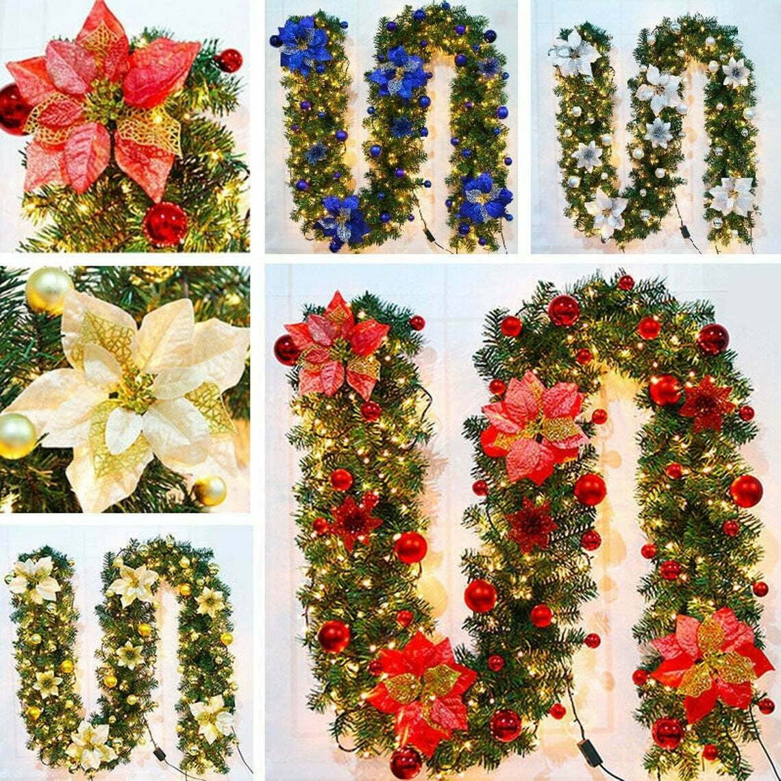 Pre-Lit Artificial Christmas Garlands with Lights, 9Ft Christmas Garland Decorations for Front Door, Fireplace Stairs Wall Xmas Decoration, Indoor Outdoor, Snow