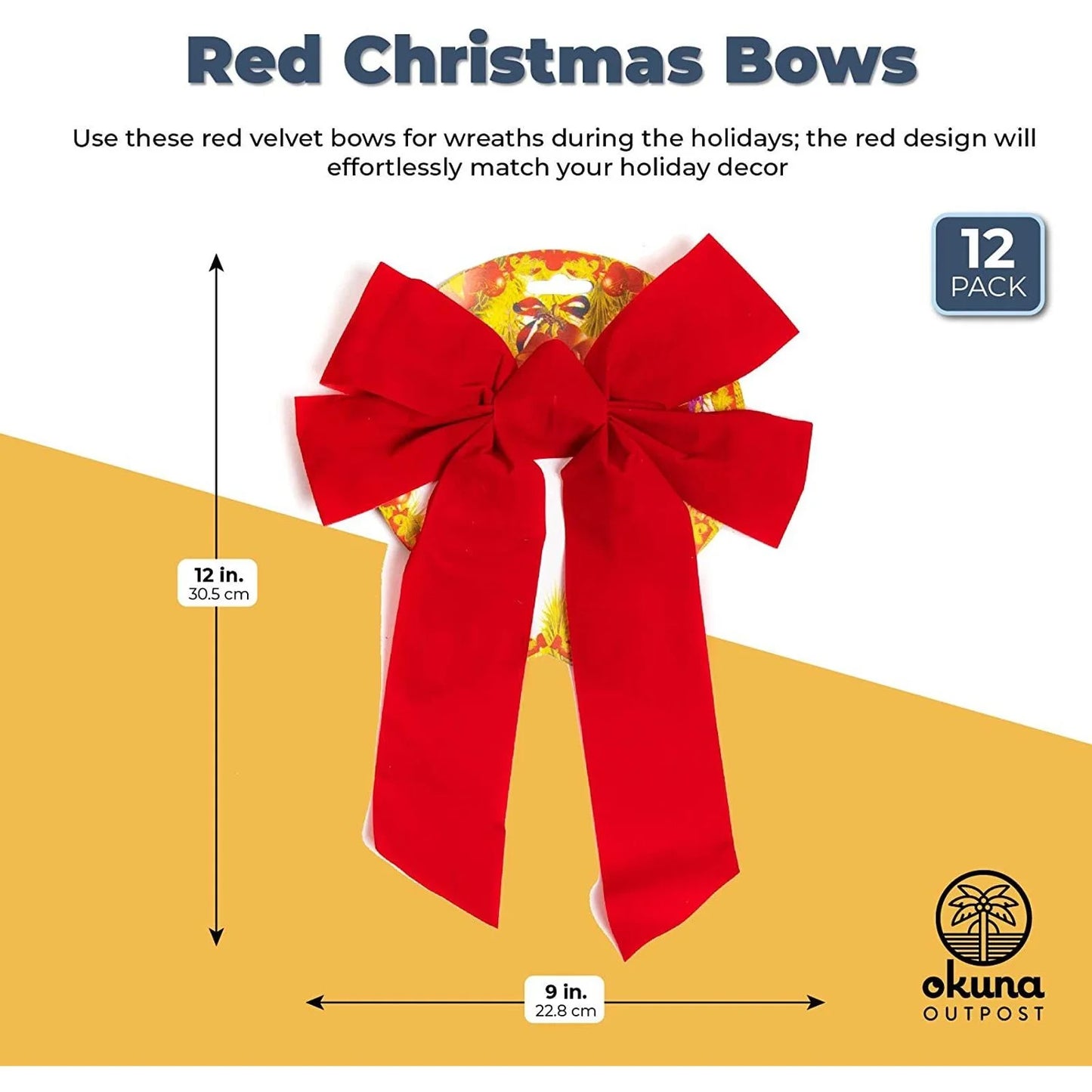 12 Pack Red Christmas Ribbon Bows for Xmas Wreath Holiday Party Favors, Gift Wrapping and Xmas Tree Decoration, 9" X 12"