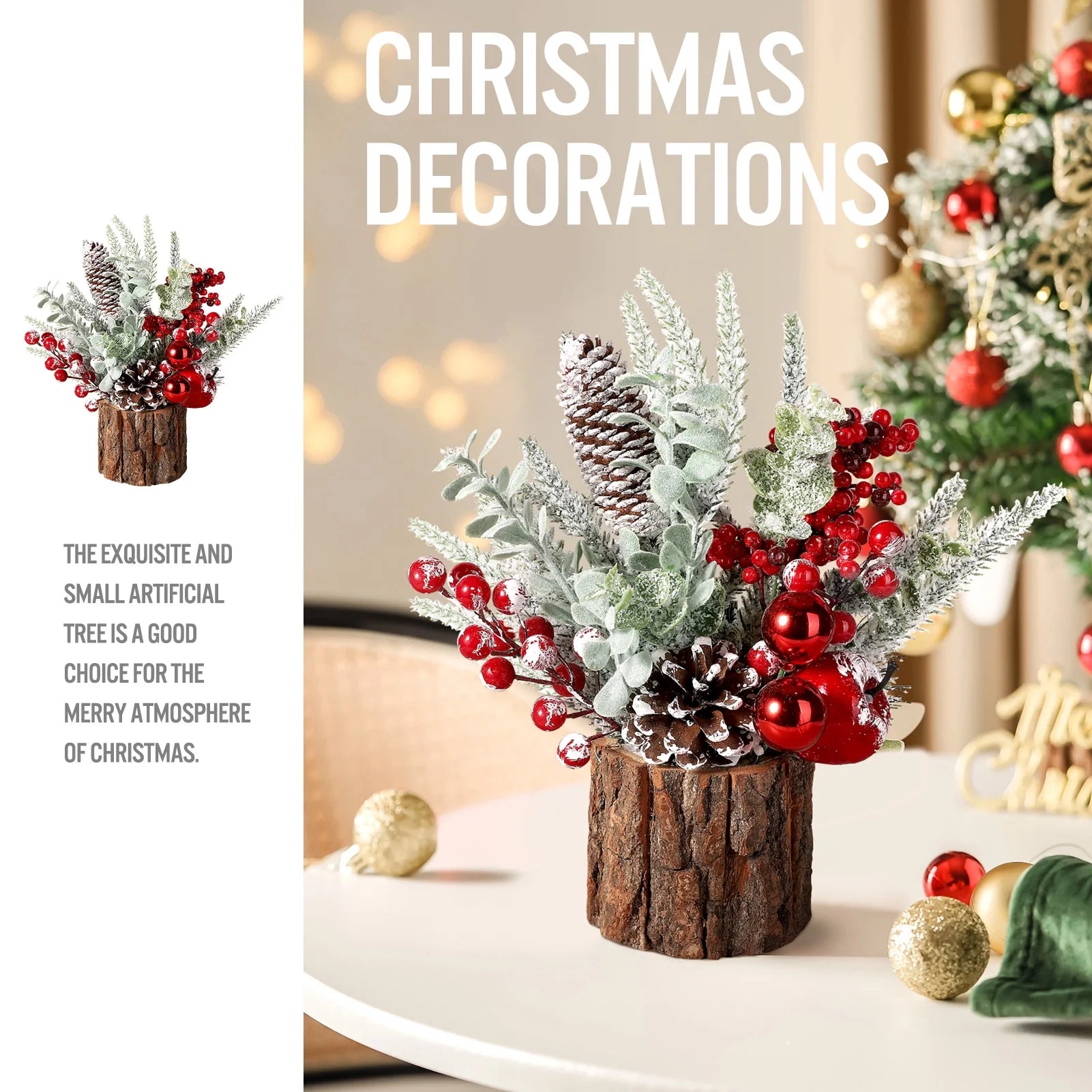 Artificial Mini Tabletop Christmas Tree Decorations with Christmas Ornaments, Small Christmas Tree for Xmas Party Thankgivings Christmas Decor(Red)