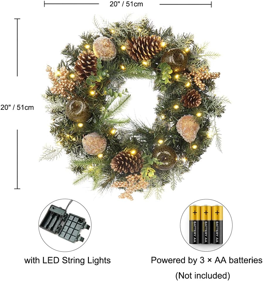 Christmas Wreath 20" Christmas Front Door Wreath Ornament with LED Lights Pinecone Berries Artificial Pine Garland for Party Table Fireplaces Porch Walls New Years Halloween Home Decor