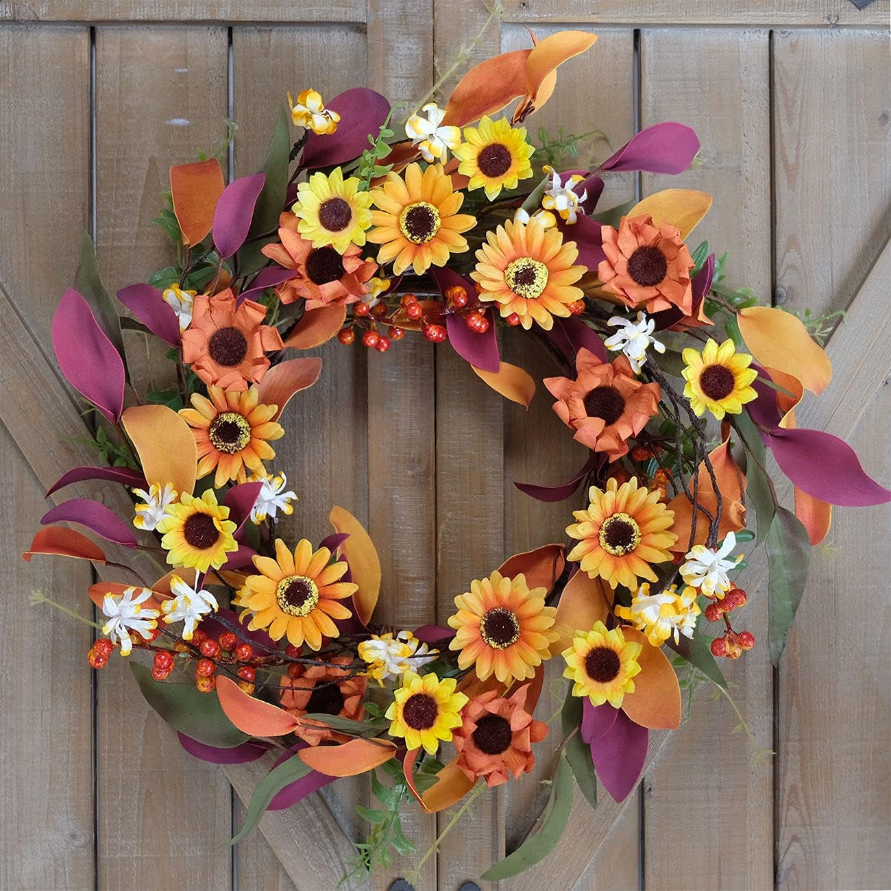 Fall Wreath Artificial Berry Wreath Green Leaves for Front Door Autumn Wreaths Farmhouse Home Office Wedding Party Wall Decor … (14 in Wreath)