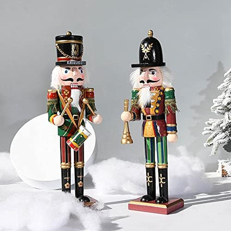 12 Inch Christmas Wooden Nutcracker, Traditional Festive Xmas King and Soldier Figurine Display Ornament for Shelves and Tables Fireplace Decoraion (Green Trumpeter)