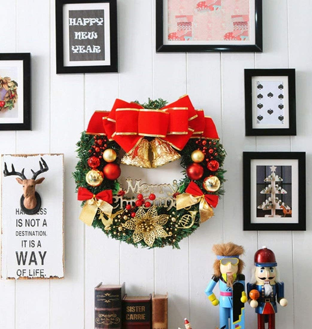 Large Christmas Wreath (19.69 Inch / 50 Cm) for Front Door Wall Windows Artificial Poinsettia Xmas Decoration with Tinkle Bell Bowknot and Small Ornaments (MC7-D1)