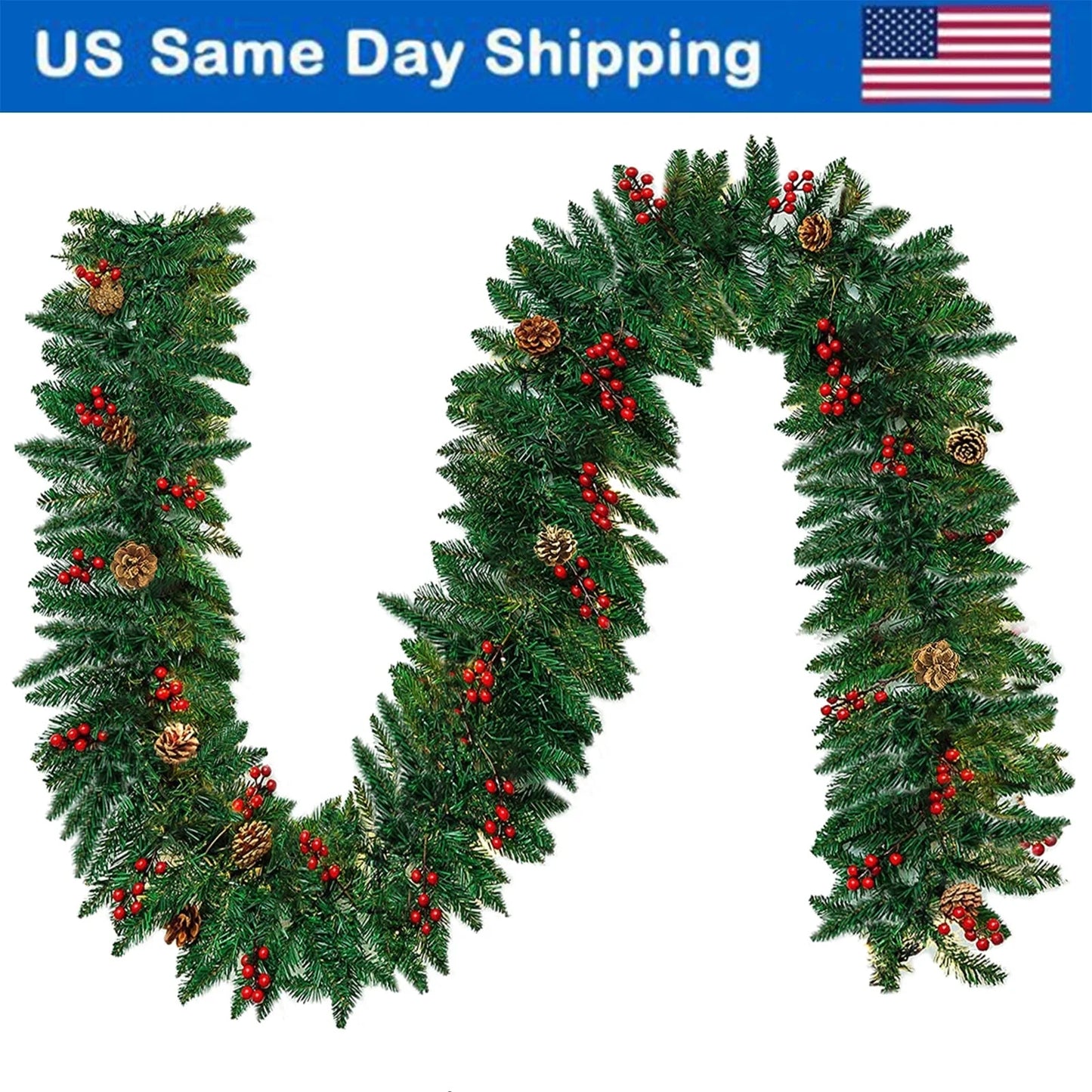 10FT Christmas Garland with Red Berries Snow Pine Cones for Indoor Outdoor Holiday Xmas Mantle Decoration