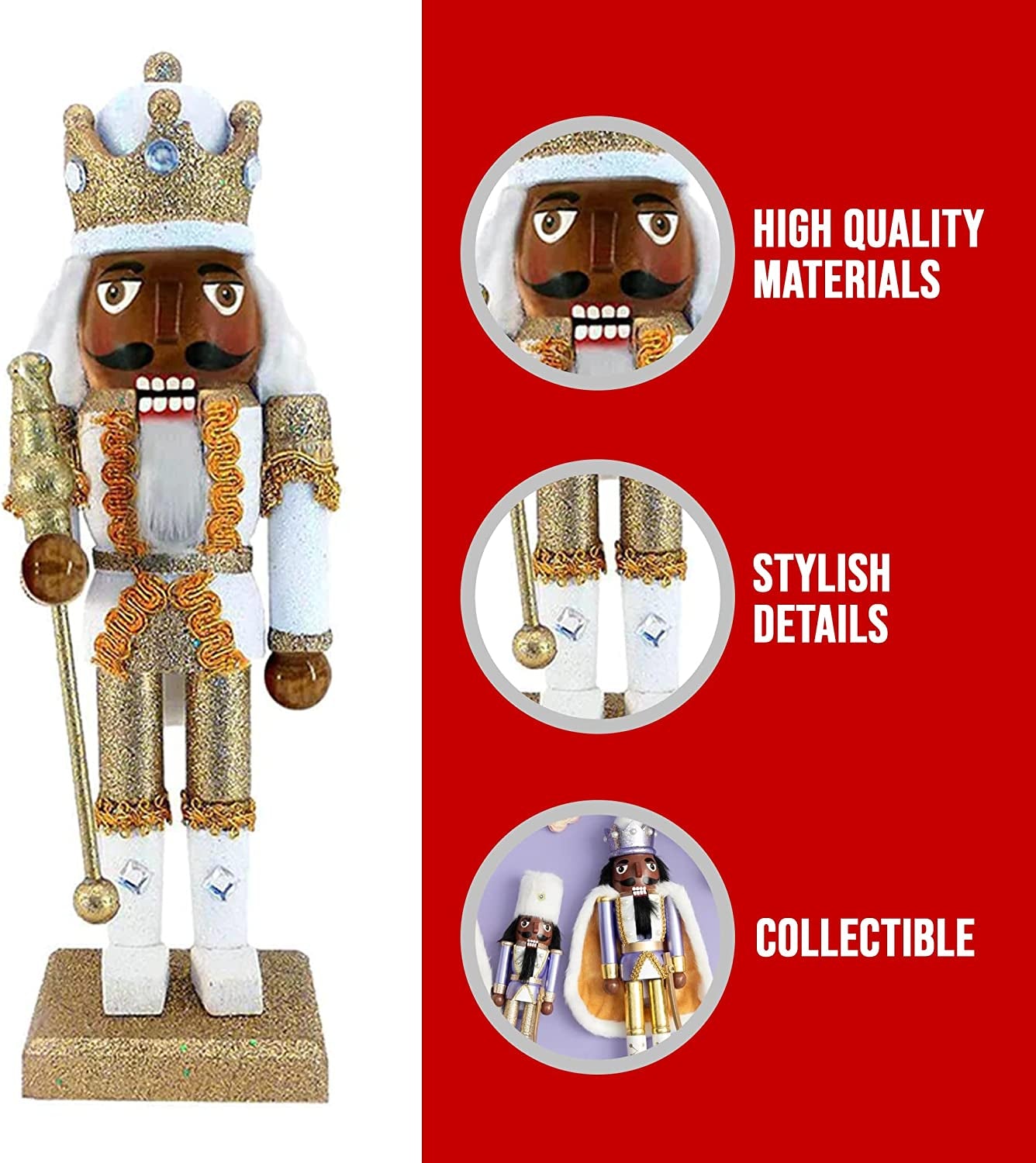 , King Nutcracker Christmas Ornaments, African American Wooden Figure Decoration with White and Gold Uniform for Holiday Home Decor, Ideal Xmas Ornament, 10 Inch African American Gold/White 10 In