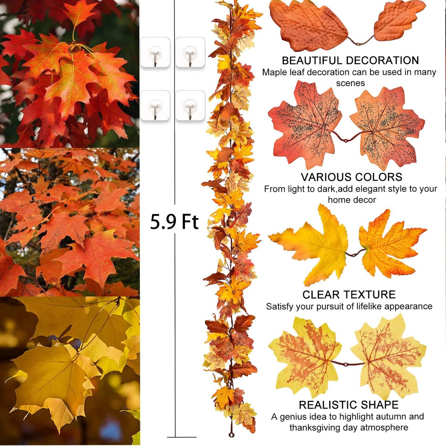 Fall Garland Maple Leaf, 2 Pack 5.9Ft/Piece Hanging Vine Artificial Autumn Foliage Garland Thanksgiving Decor for Home Wedding Fireplace Party Christmas