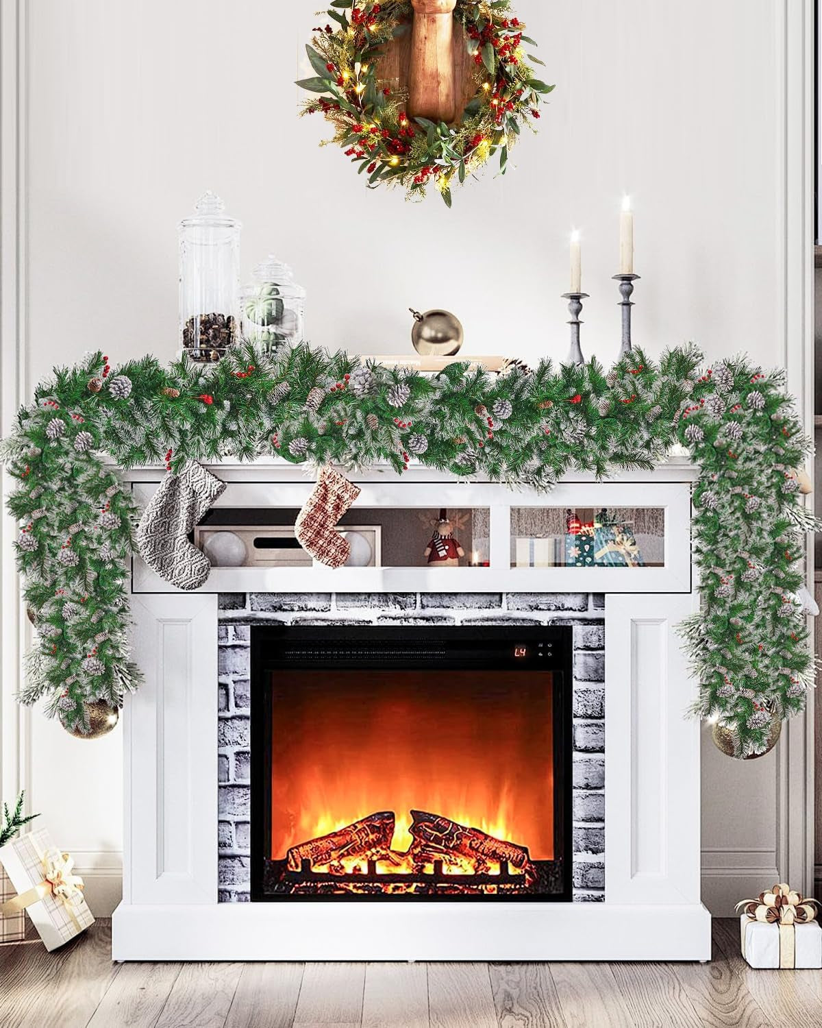 9FT Flocked Christmas Garland, Artificial Snowy Xmas Garland, Indoor Outdoor Winter Garland with Pine Cones and Red Berries for Christmas Decorations Table Mantle Room
