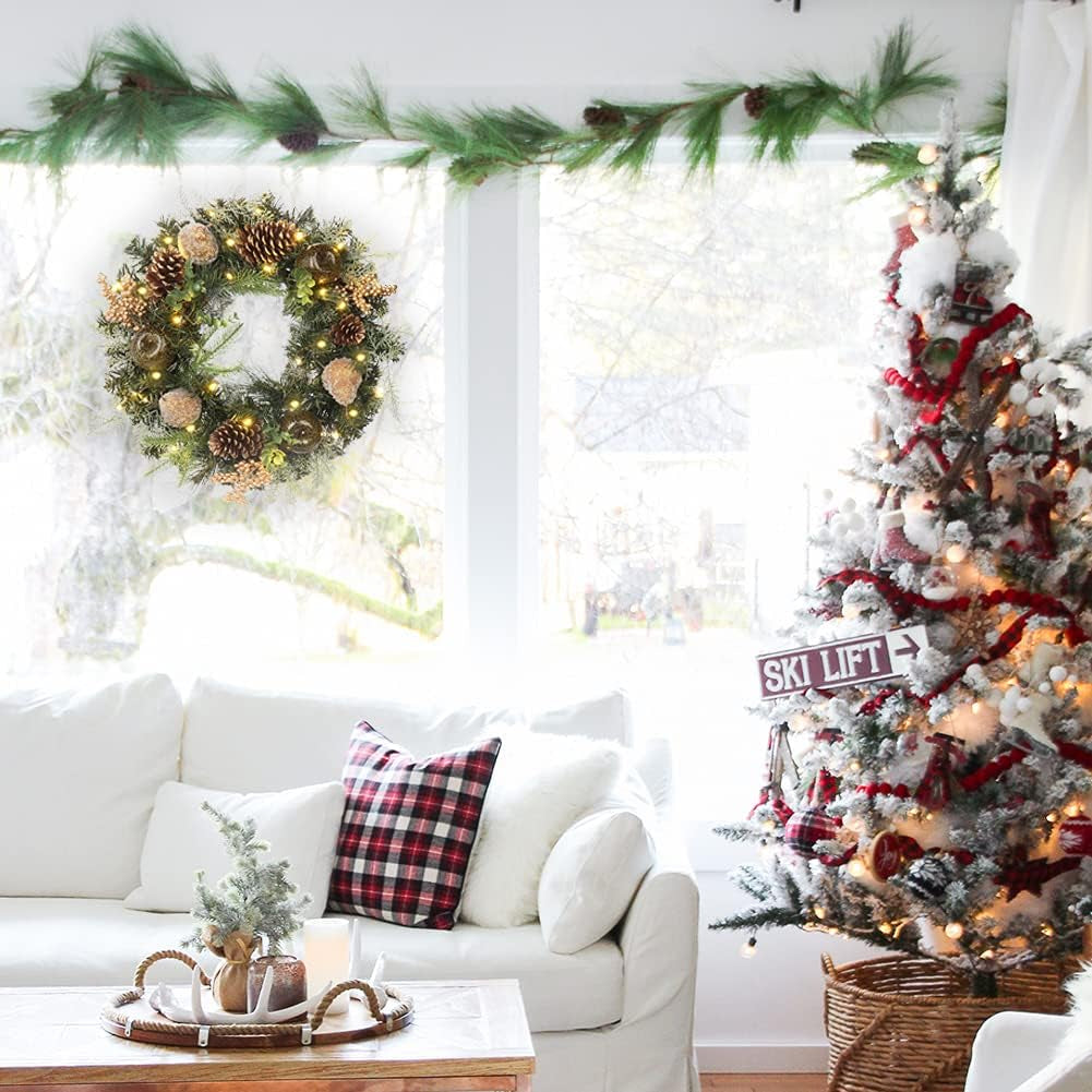 Christmas Wreath 20" Christmas Front Door Wreath Ornament with LED Lights Pinecone Berries Artificial Pine Garland for Party Table Fireplaces Porch Walls New Years Halloween Home Decor