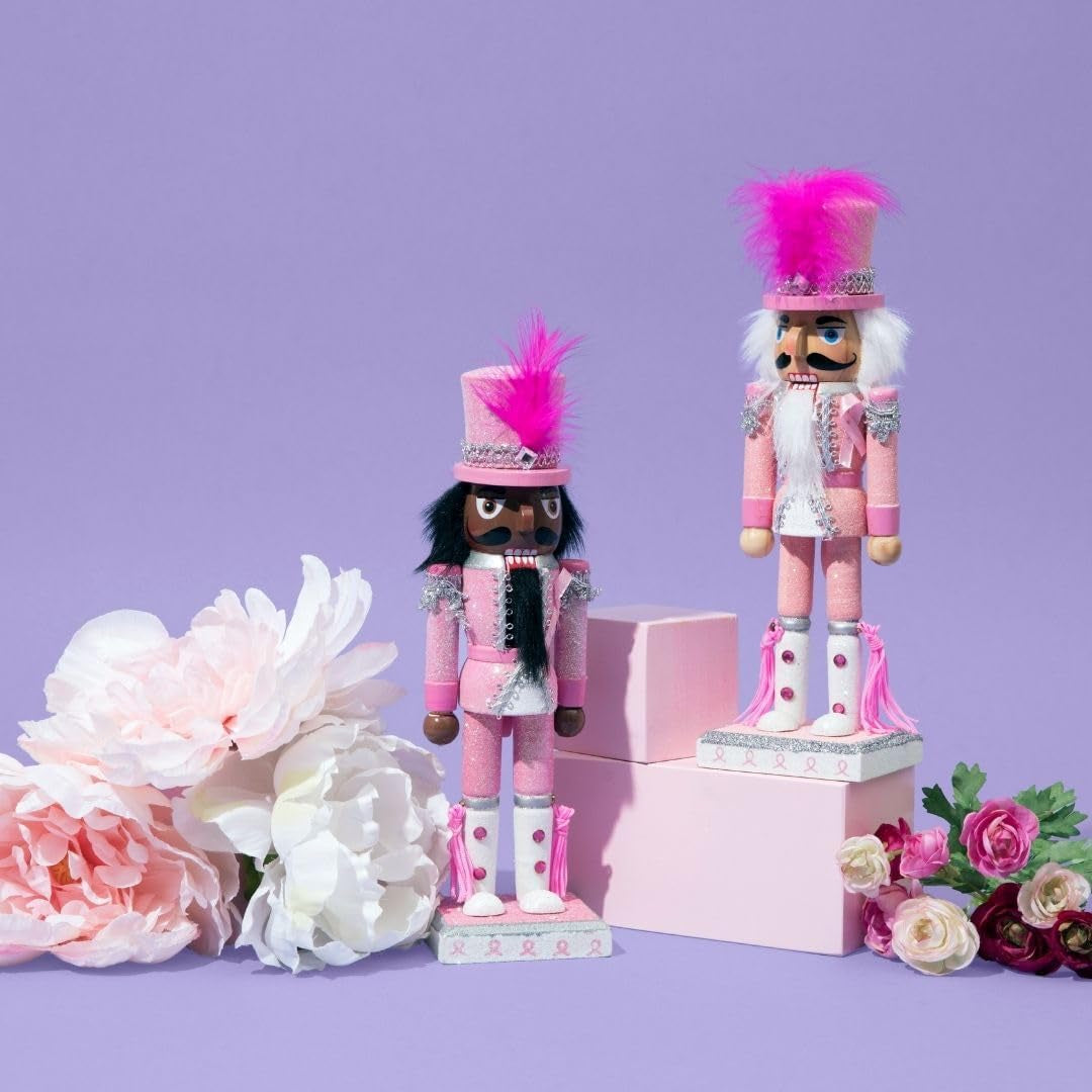, Pink Nutcracker Christmas Ornaments, Wooden Figure Decoration with Soldier Uniform for Breast Awareness, Holiday Home Decor, Ideal Xmas Ornament, Large, 10 Inch