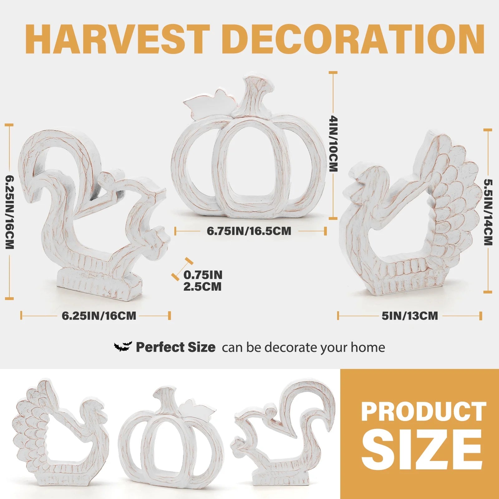 Fall Decorations for Home, Thanksgiving Decorations Pumpkin Decor Turkey Decor Resin, 3Pcs White