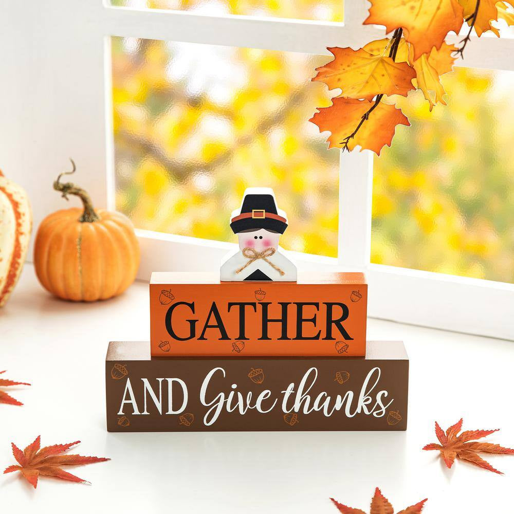 7.5 In. H Thanksgiving Wooden Pilgrim Table Block Sign