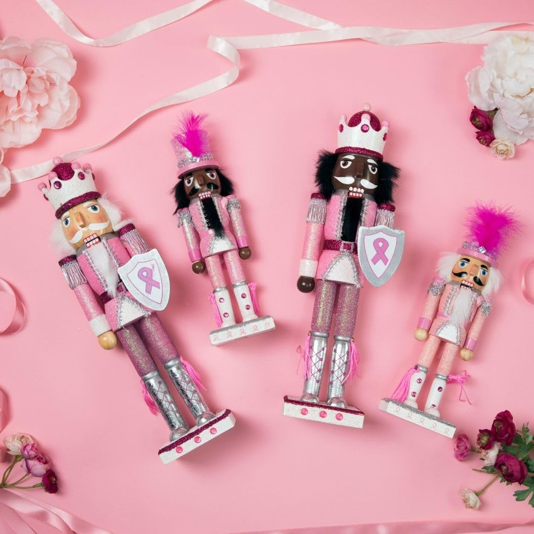 , Pink Nutcracker Christmas Ornaments, Wooden Figure Decoration with Soldier Uniform for Breast Awareness, Holiday Home Decor, Ideal Xmas Ornament, Large, 10 Inch