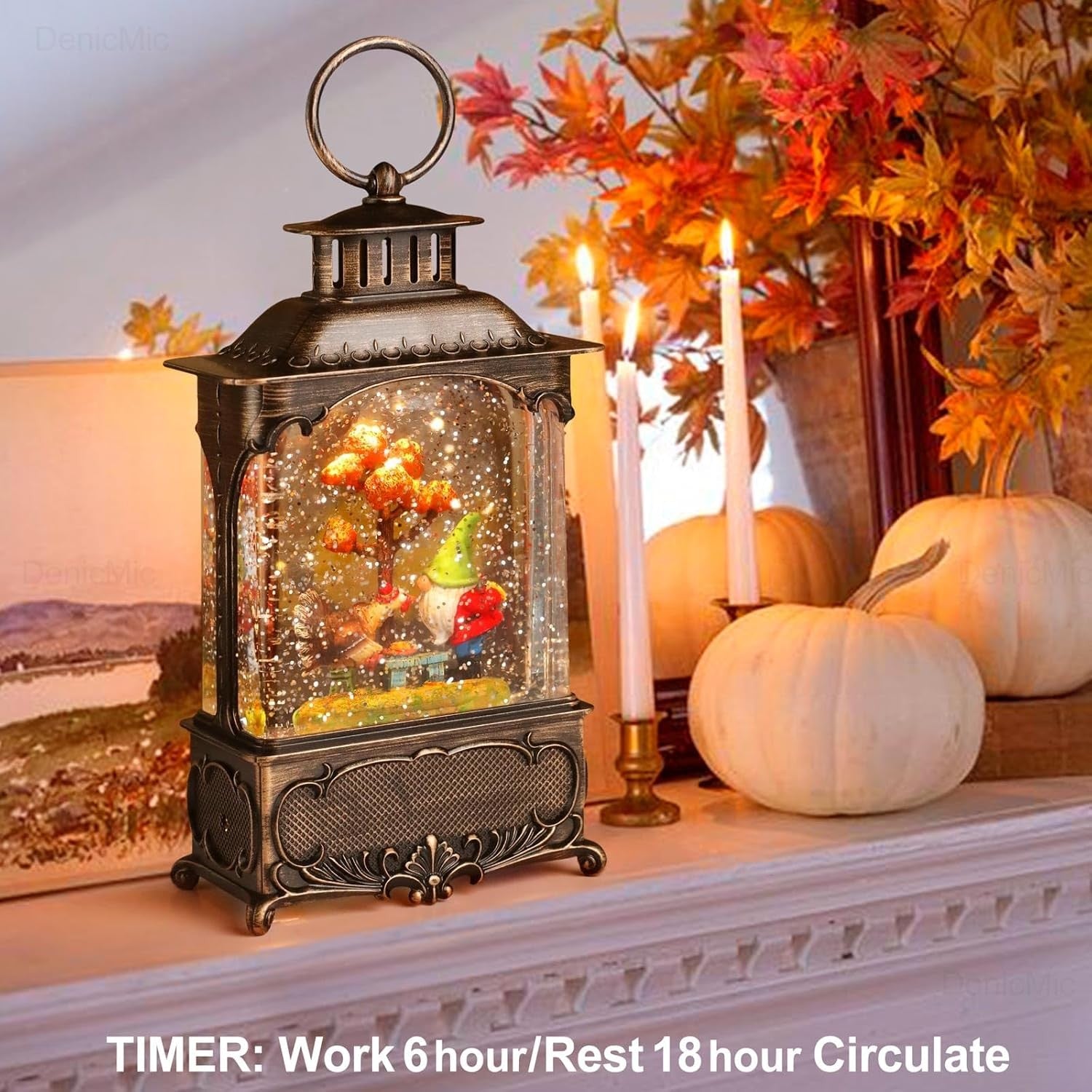 Fall Snow Globe Lantern,Fall Decorations for Home with Gnome and Autumn