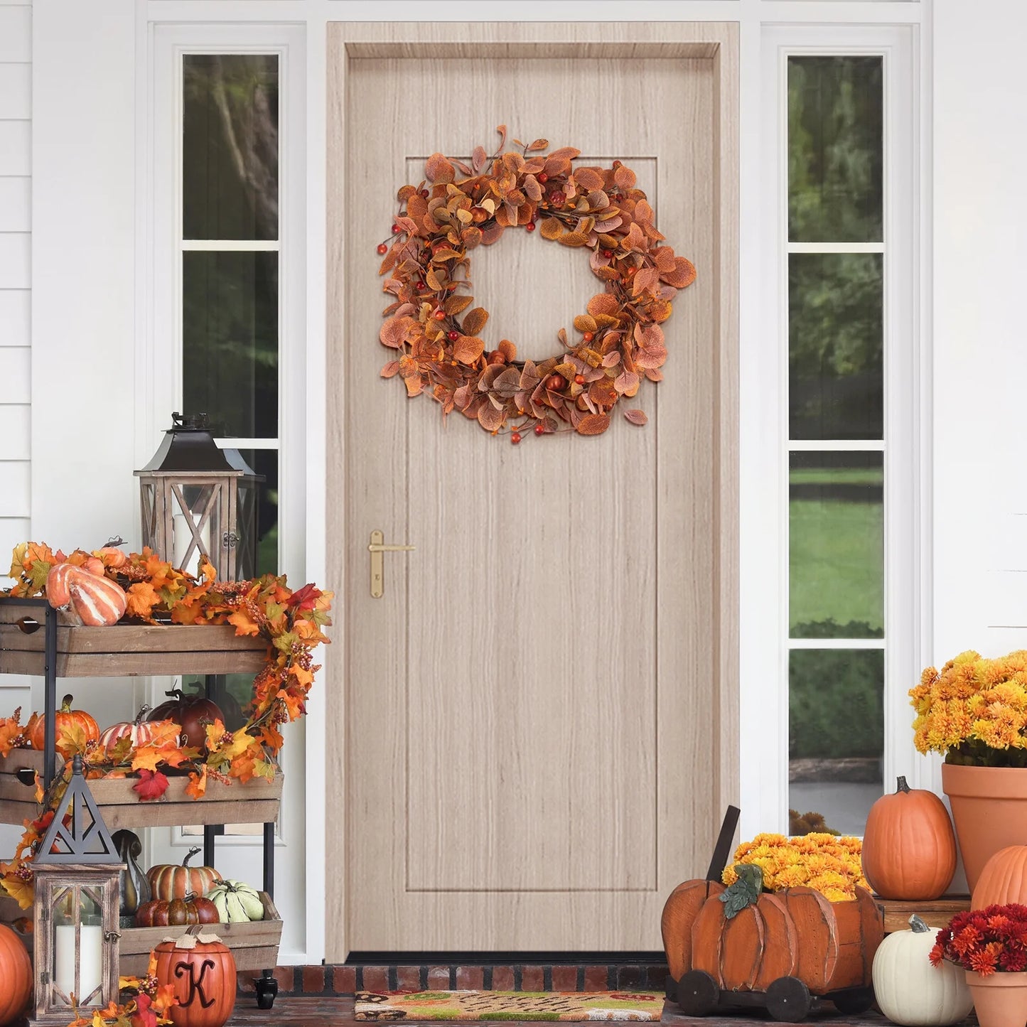 Fall Wreaths for Front Door, 18" Artificial Eucalyptus Leaves Autumn Wreaths Modern Farmhouse Fall Decoration for Home