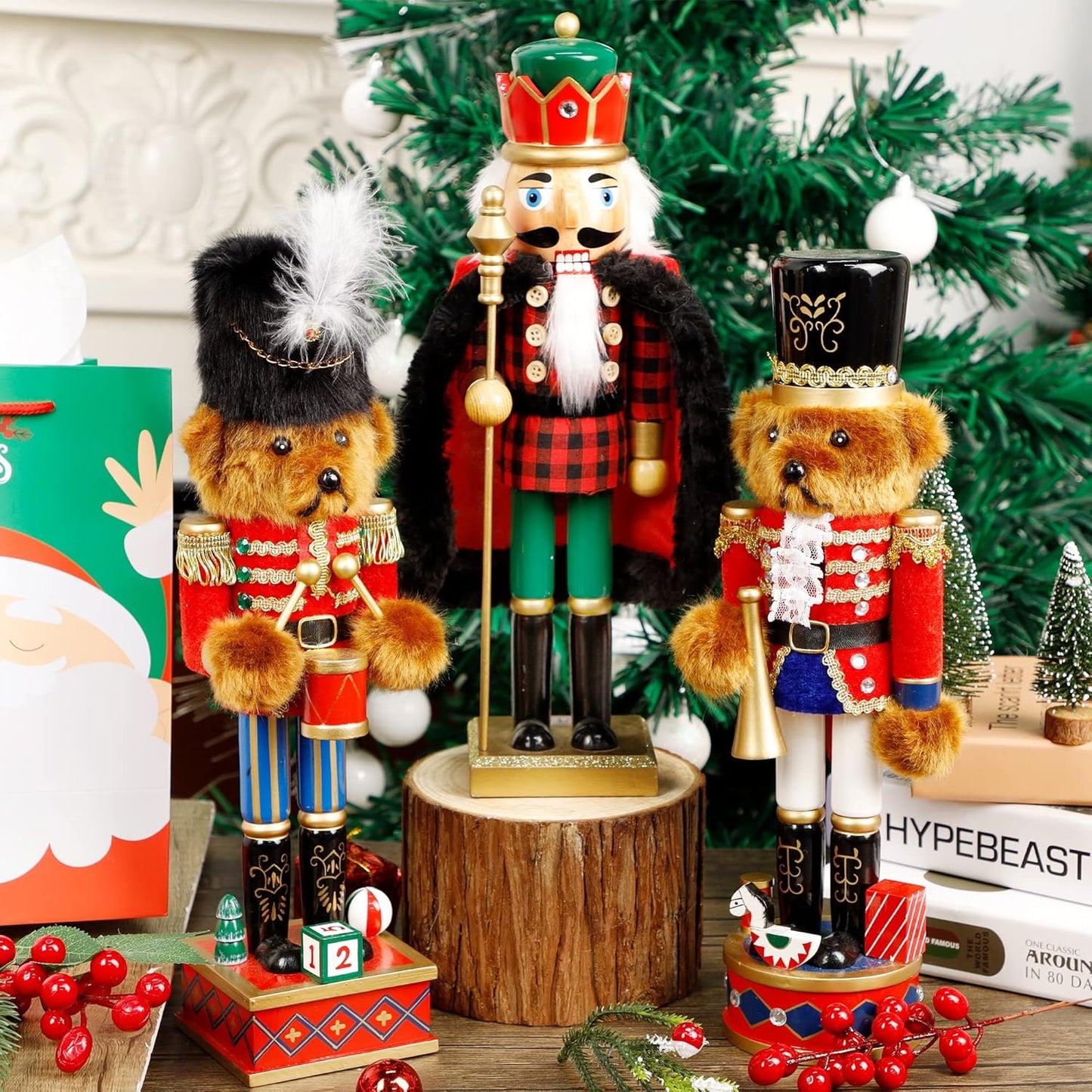 14 Inch Christmas Nutcracker Figures, Wooden Nutcracker Bear Drummer Ornaments, Large Xmas Nutcracker Tabletop Centerpieces Festival Shelves Decorations