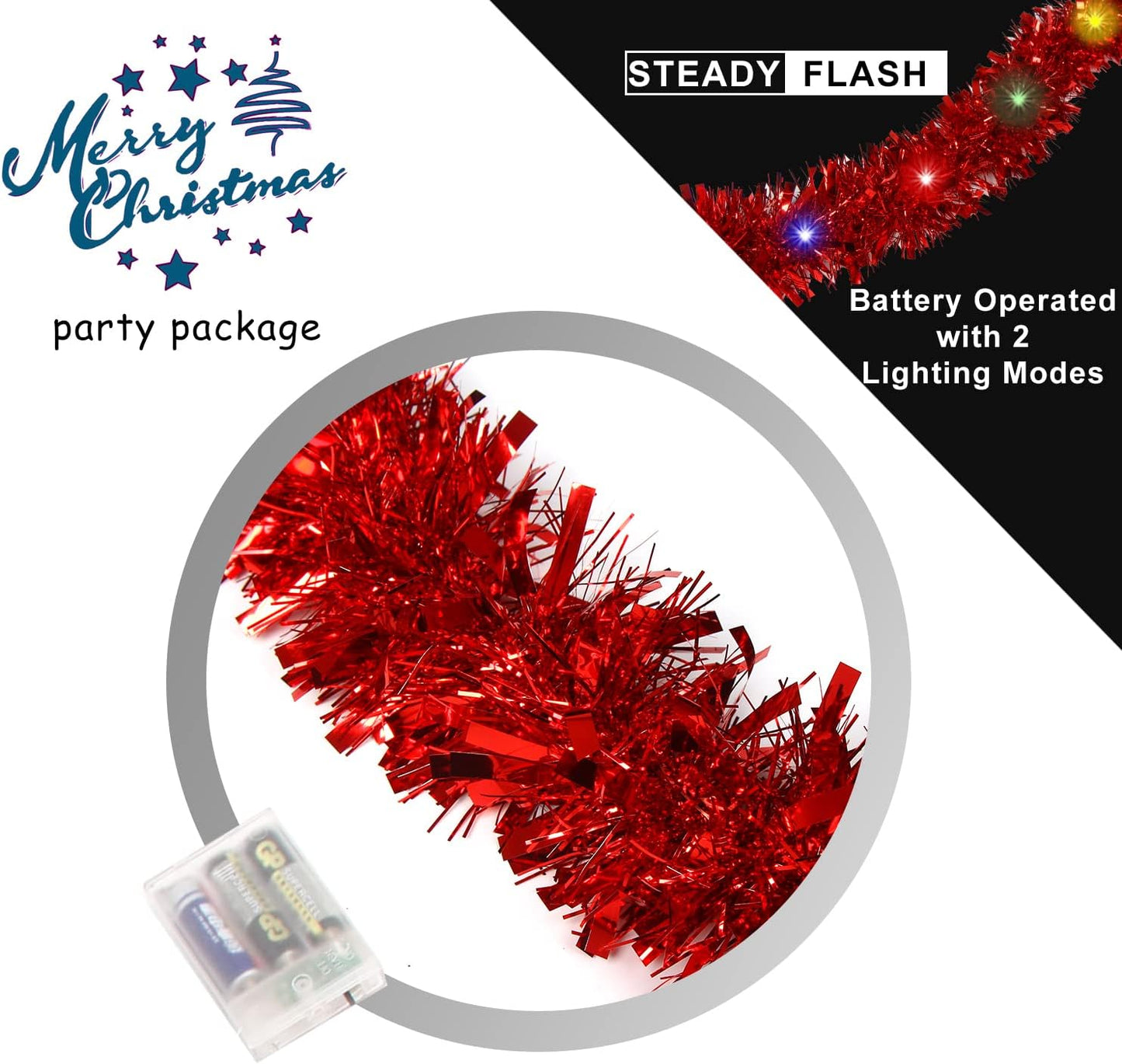 32.8 Ft Christmas Prelit Tinsel Garland, Red Metallic Garland with 100 LED Lights for Christmas Tree Decorations,Wedding Party Supplies