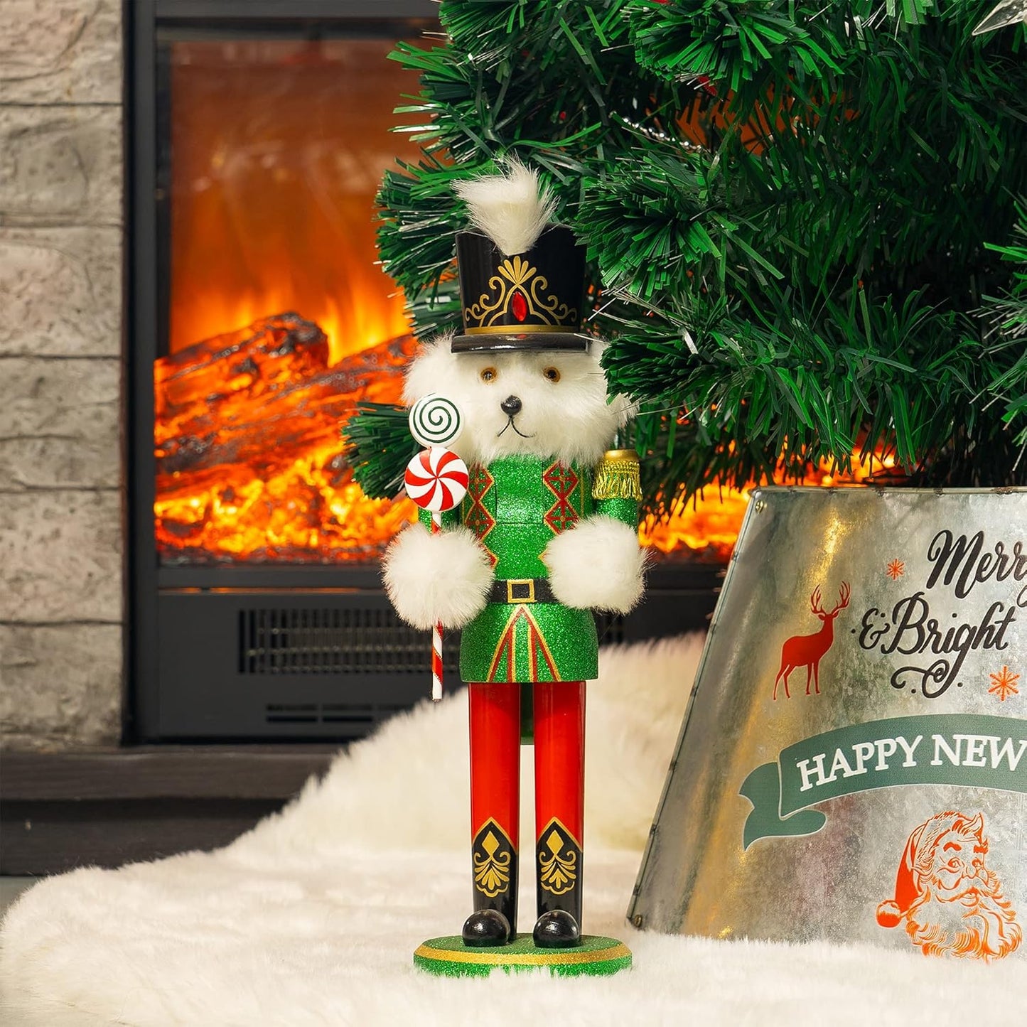 14" Christmas Decorative Nutcracker Figures, Wooden White Bear Wear Green Uniform Hold Candy, Festive Collectible Nutcracker Gift for Indoor Winter Table Desktop Fireplace Decorations