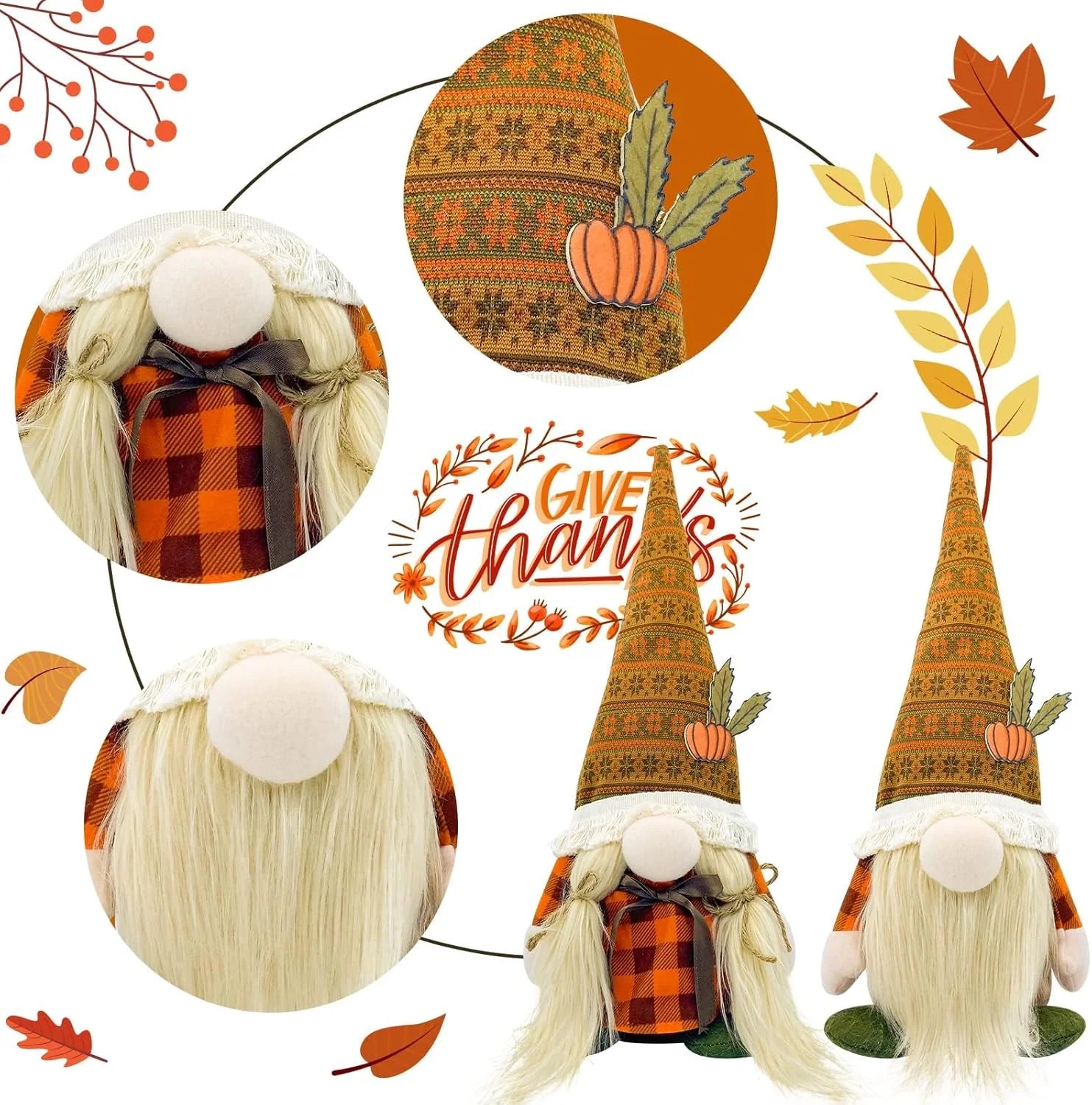 Fall Decorations for Home - 2Pack Cute Thanksgiving Gnomes Plush Doll for Office, Indoor, Room, Mantel, Shelf, Harvest Table Centerpieces - Autumn Gifts
