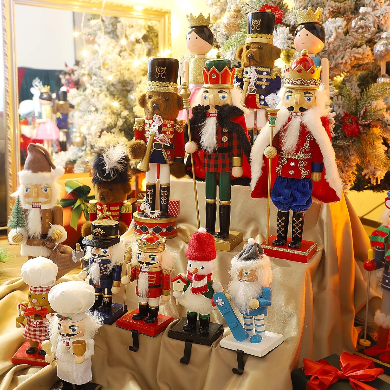 14 Inch Christmas Nutcracker Figures, Wooden Nutcracker Bear Drummer Ornaments, Large Xmas Nutcracker Tabletop Centerpieces Festival Shelves Decorations