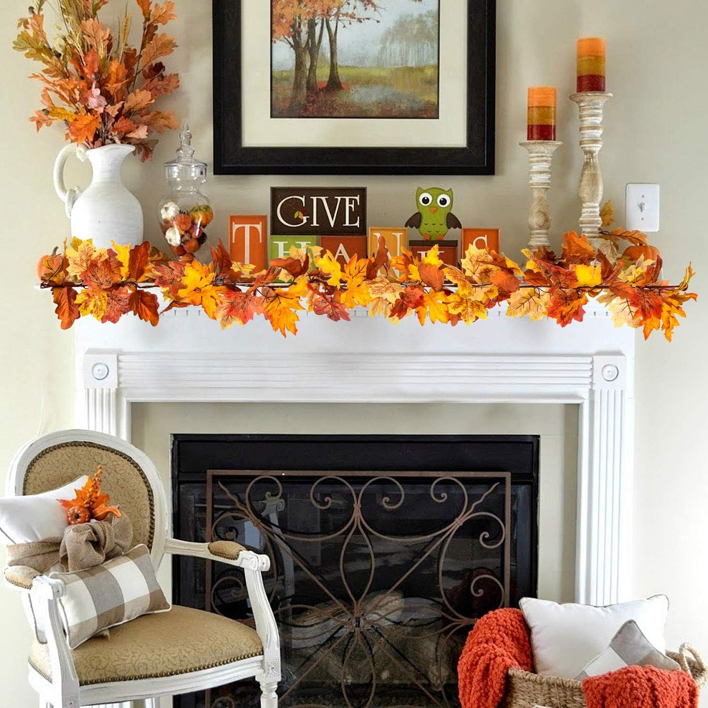 Fall Garland Maple Leaf, 2 Pack 5.9Ft/Piece Hanging Vine Artificial Autumn Foliage Garland Thanksgiving Decor for Home Wedding Fireplace Party Christmas