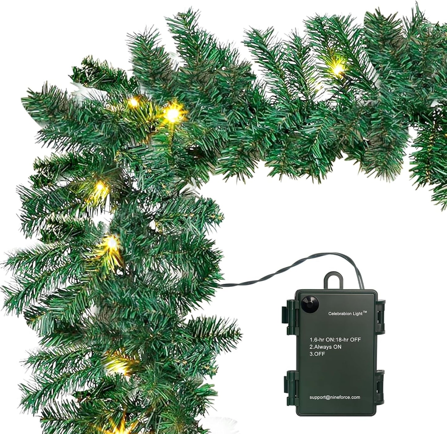 10Ft Pre-Lit Christmas Garland with 50 LED Lights- Battery Operated String Light with Timer-Waterproof Lighted Outdoor Christmas Garland for Stairs Railing Mantle Fireplace Front Porch Decor-10 Foot