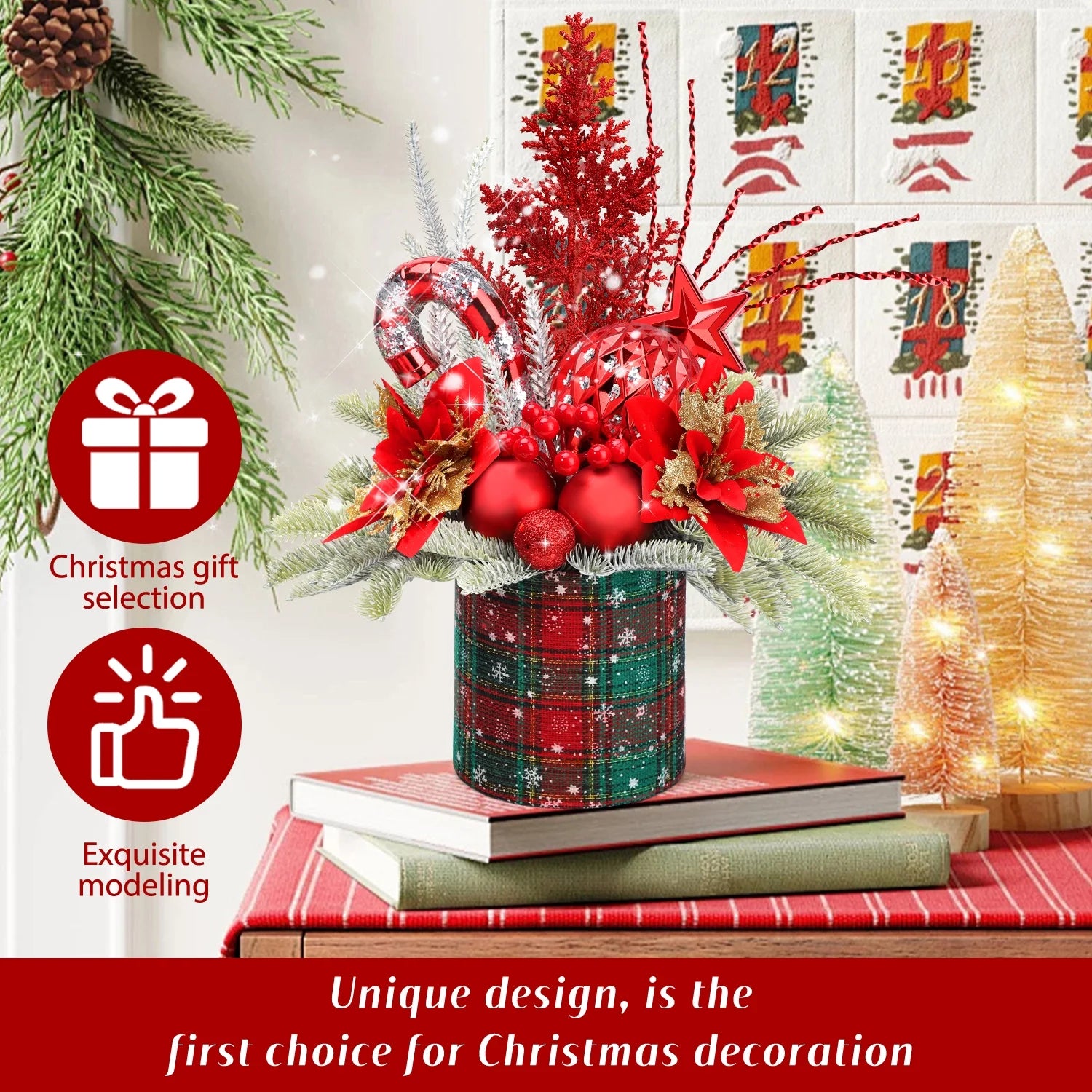 Mini Christmas Tree with Pine Cone Berry, Bottle Brush Christmas Trees for Christmas Decorations Indoor, Christmas Tabletop Decor Centerpiece | Round