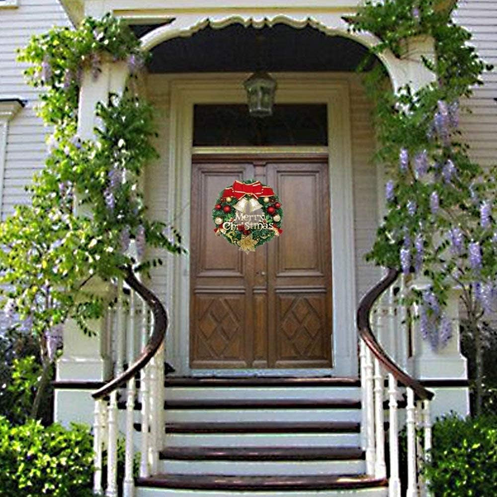 Large Christmas Wreath (19.69 Inch / 50 Cm) for Front Door Wall Windows Artificial Poinsettia Xmas Decoration with Tinkle Bell Bowknot and Small Ornaments (MC7-D1)