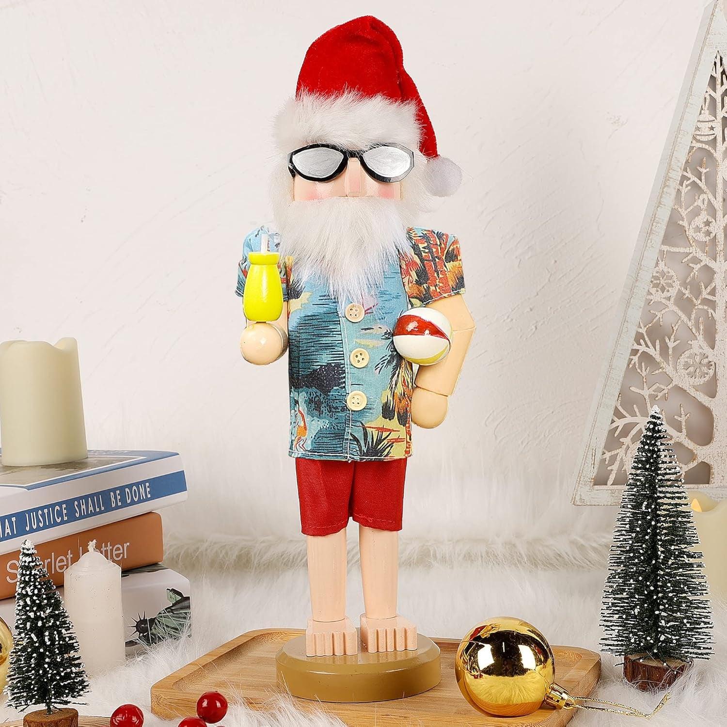 14 Inch Christmas Nutcracker Figures, Wooden Nutcracker Santa Hawaii Beach Summer Vacation, Large Xmas Nutcracker Tabletop Centerpieces Festival Shelves Decorations