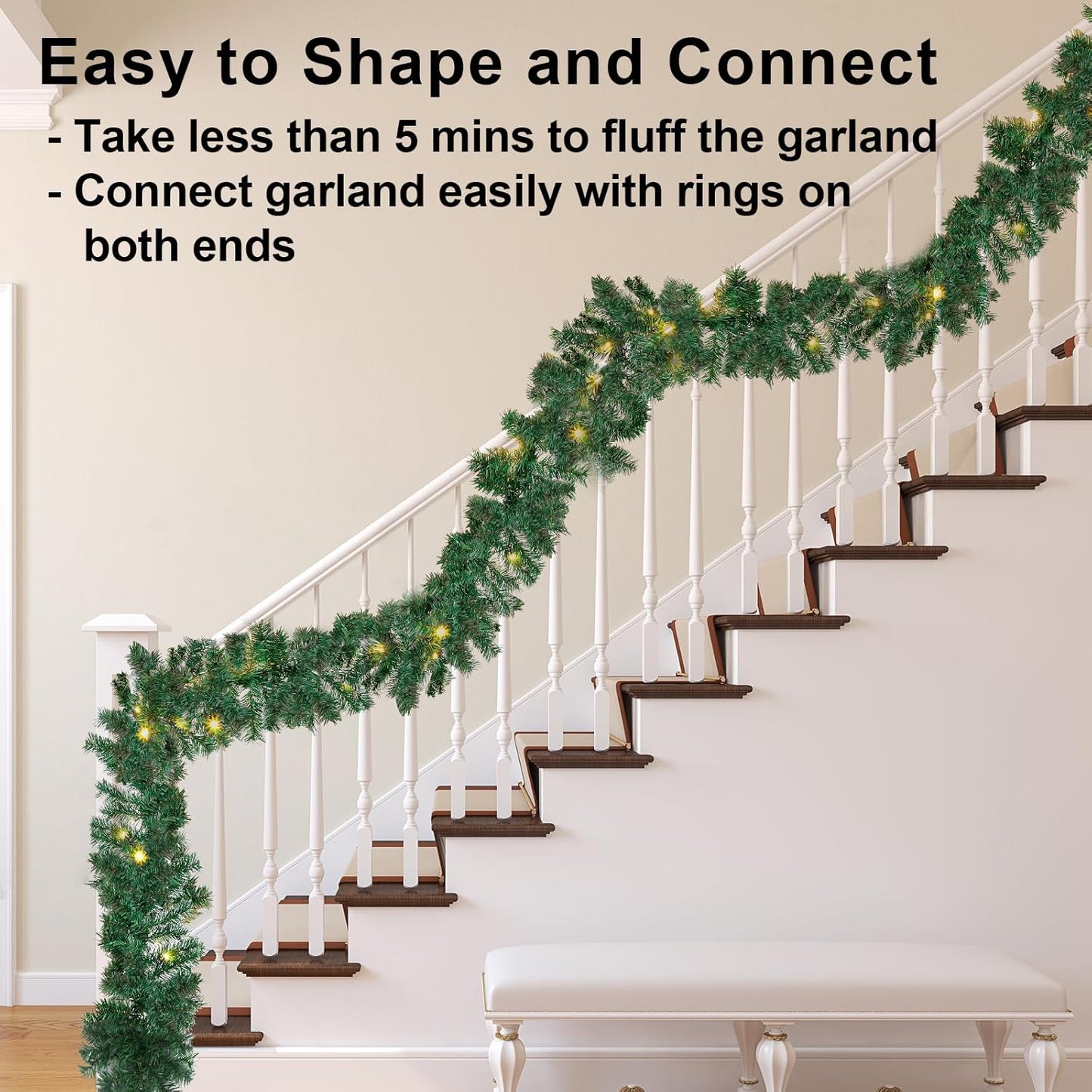 10Ft Pre-Lit Christmas Garland with 50 LED Lights- Battery Operated String Light with Timer-Waterproof Lighted Outdoor Christmas Garland for Stairs Railing Mantle Fireplace Front Porch Decor-10 Foot