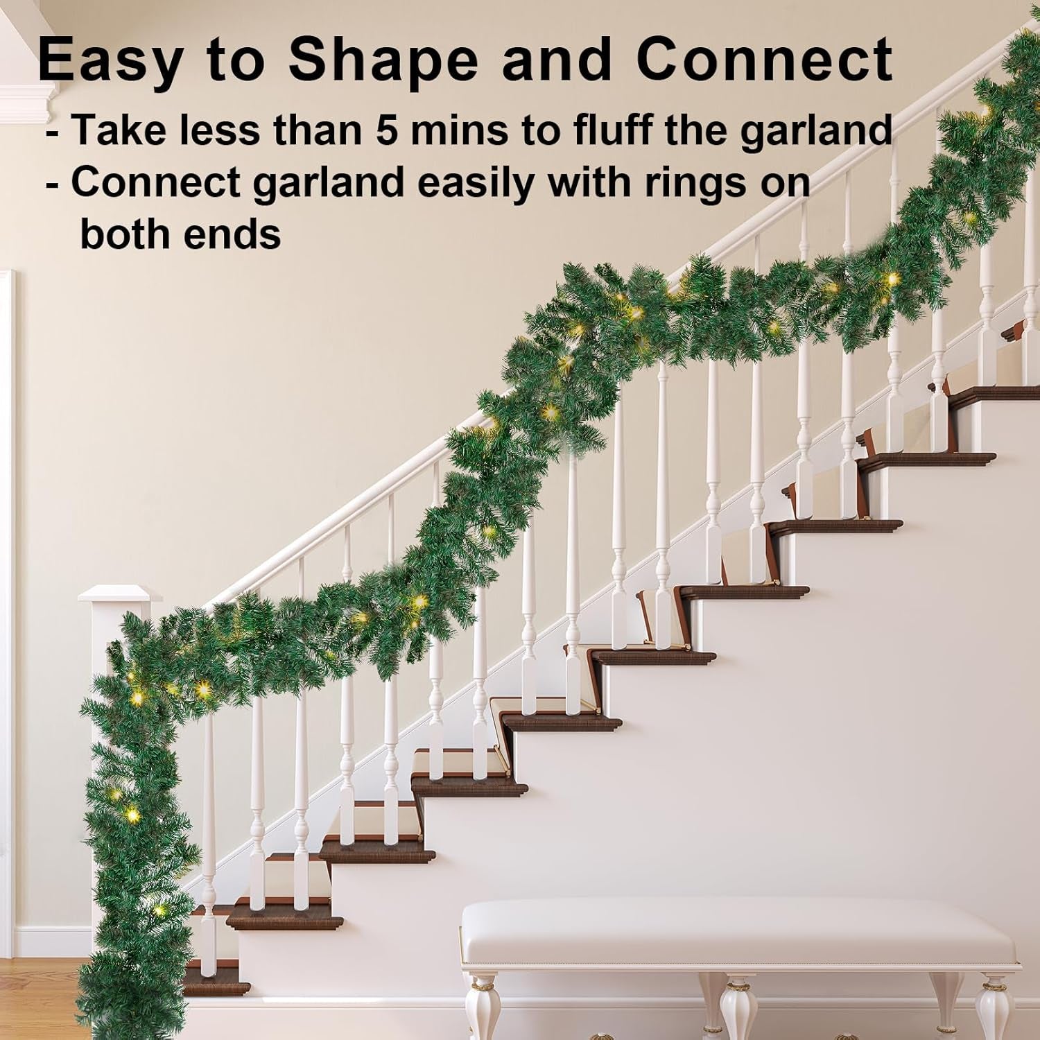 10Ft Pre-Lit Christmas Garland with 50 LED Lights- Battery Operated String Light with Timer-Waterproof Lighted Outdoor Christmas Garland for Stairs Railing Mantle Fireplace Front Porch Decor-10 Foot