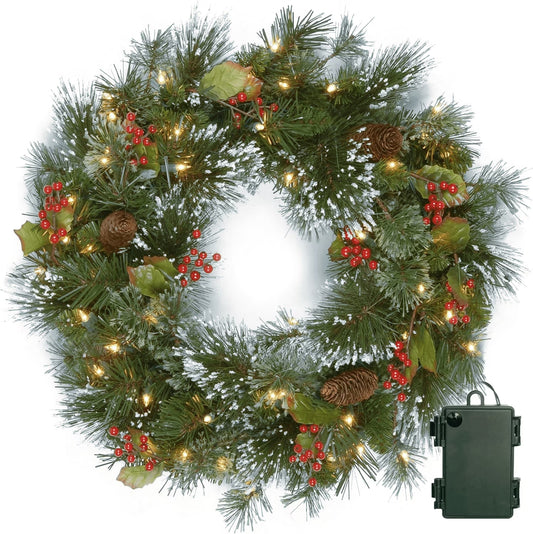 Pre-Lit Christmas Wreath for Front Door,24Inch Battery Operated Lighted Christmas Wreath,Christmas Outdoor Wreaths for Window Wall Christmas Decorations Indoor Outdoor(Warm Lights)
