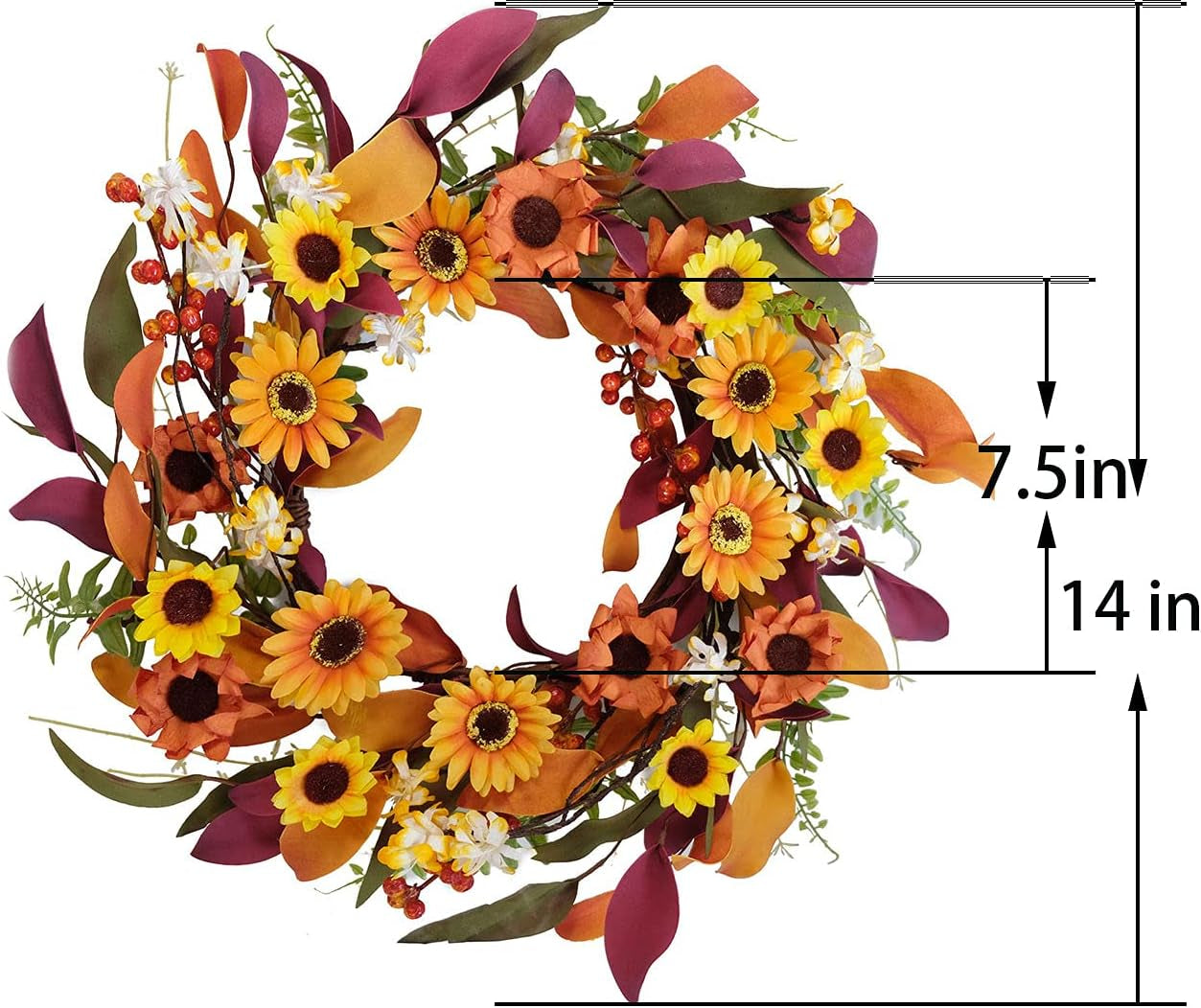 Fall Wreath Artificial Berry Wreath Green Leaves for Front Door Autumn Wreaths Farmhouse Home Office Wedding Party Wall Decor … (14 in Wreath)