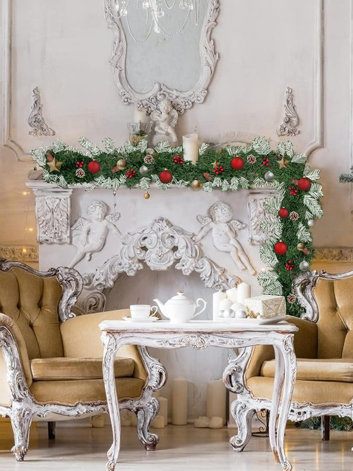 9FT Flocked Christmas Garland, Artificial Snowy Xmas Garland, Indoor Outdoor Winter Garland with Pine Cones and Red Berries for Christmas Decorations Table Mantle Room