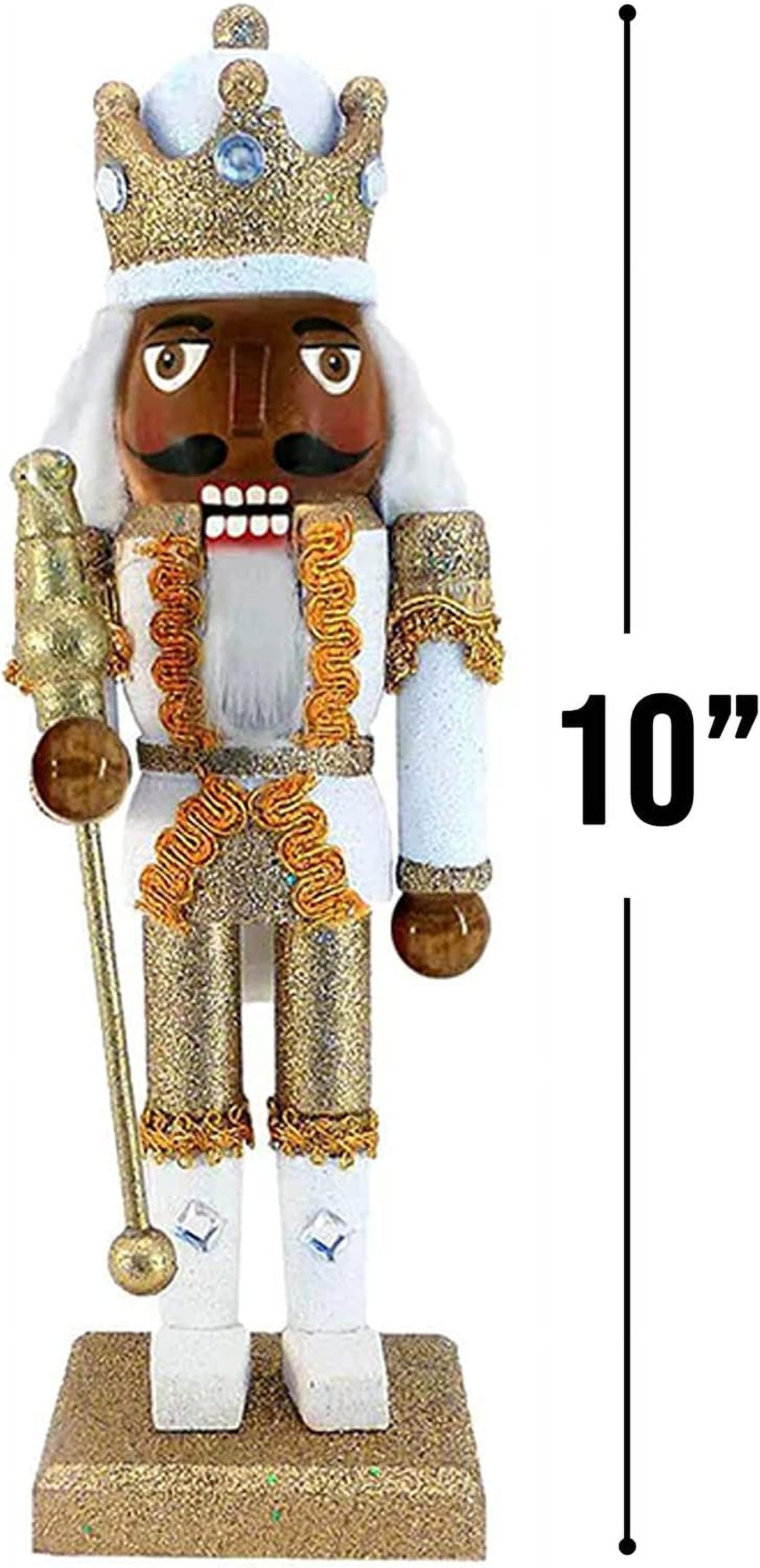 , King Nutcracker Christmas Ornaments, African American Wooden Figure Decoration with White and Gold Uniform for Holiday Home Decor, Ideal Xmas Ornament, 10 Inch African American Gold/White 10 In