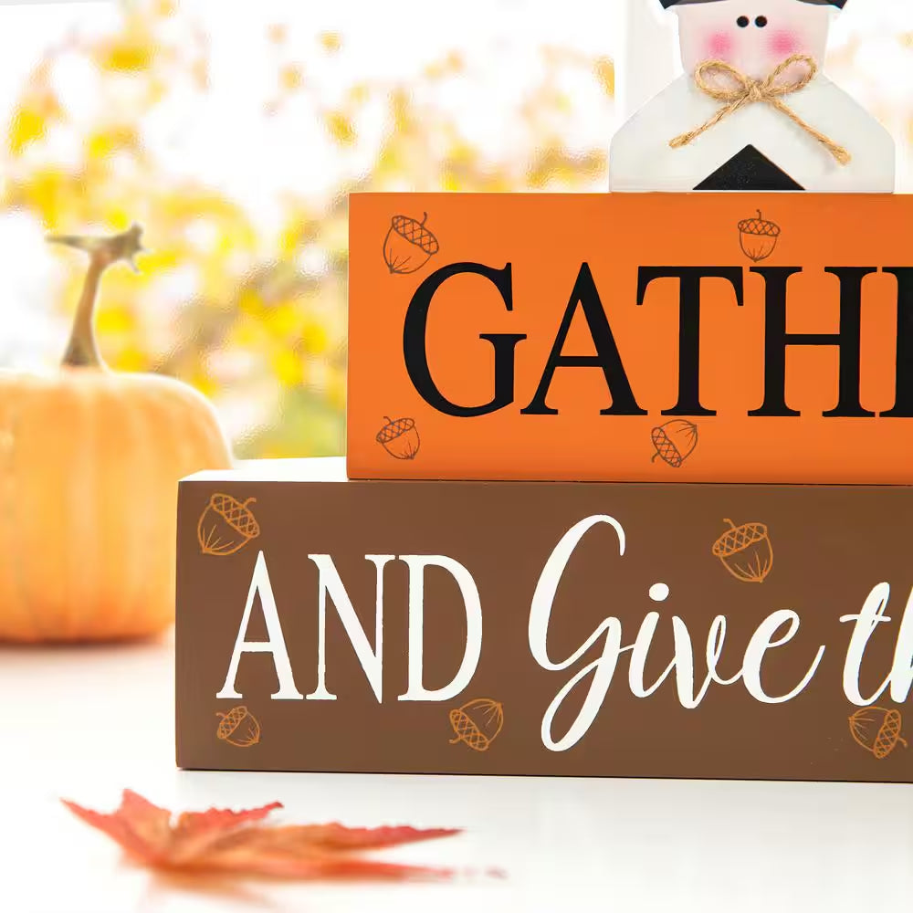 7.5 In. H Thanksgiving Wooden Pilgrim Table Block Sign