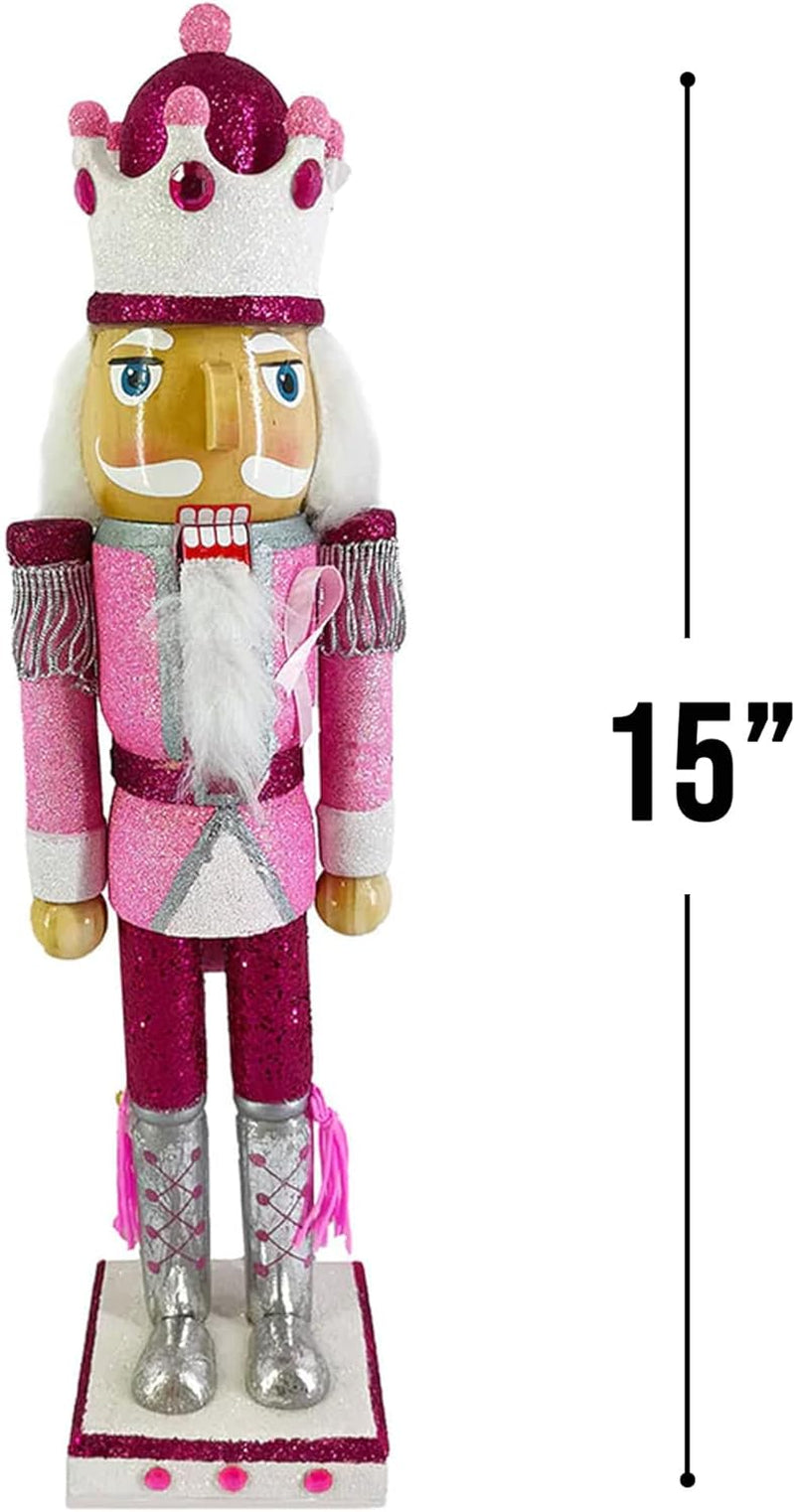 , Pink Nutcracker Christmas Ornaments, Wooden Figure Decoration with Soldier Uniform for Breast Awareness, Holiday Home Decor, Ideal Xmas Ornament, Large, 15 Inch