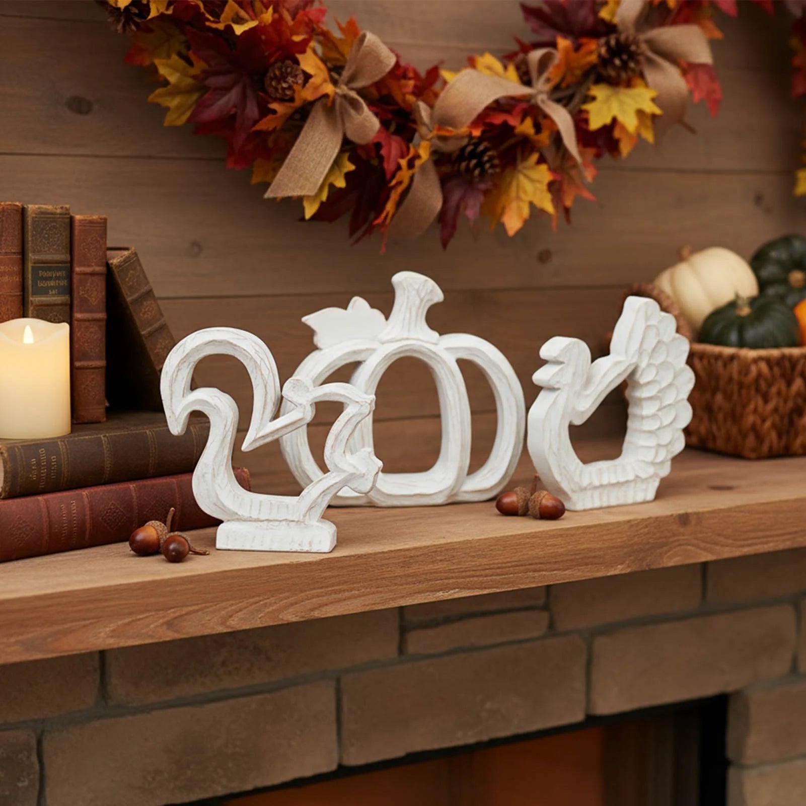 Fall Decorations for Home, Thanksgiving Decorations Pumpkin Decor Turkey Decor Resin, 3Pcs White