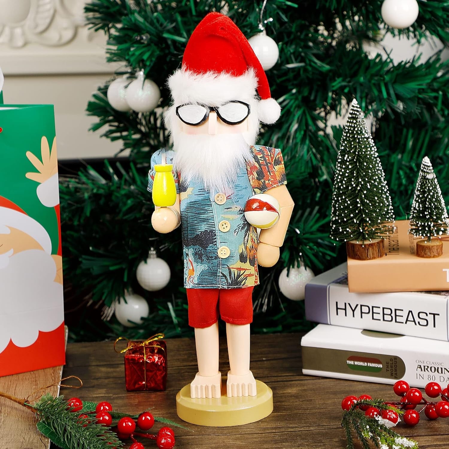 14 Inch Christmas Nutcracker Figures, Wooden Nutcracker Santa Hawaii Beach Summer Vacation, Large Xmas Nutcracker Tabletop Centerpieces Festival Shelves Decorations